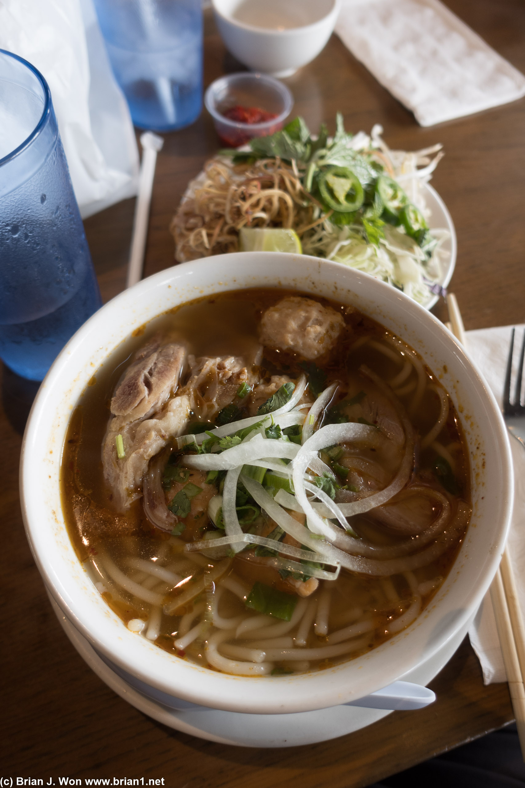 Special house noodle soup, with pork hock and seafood balls.