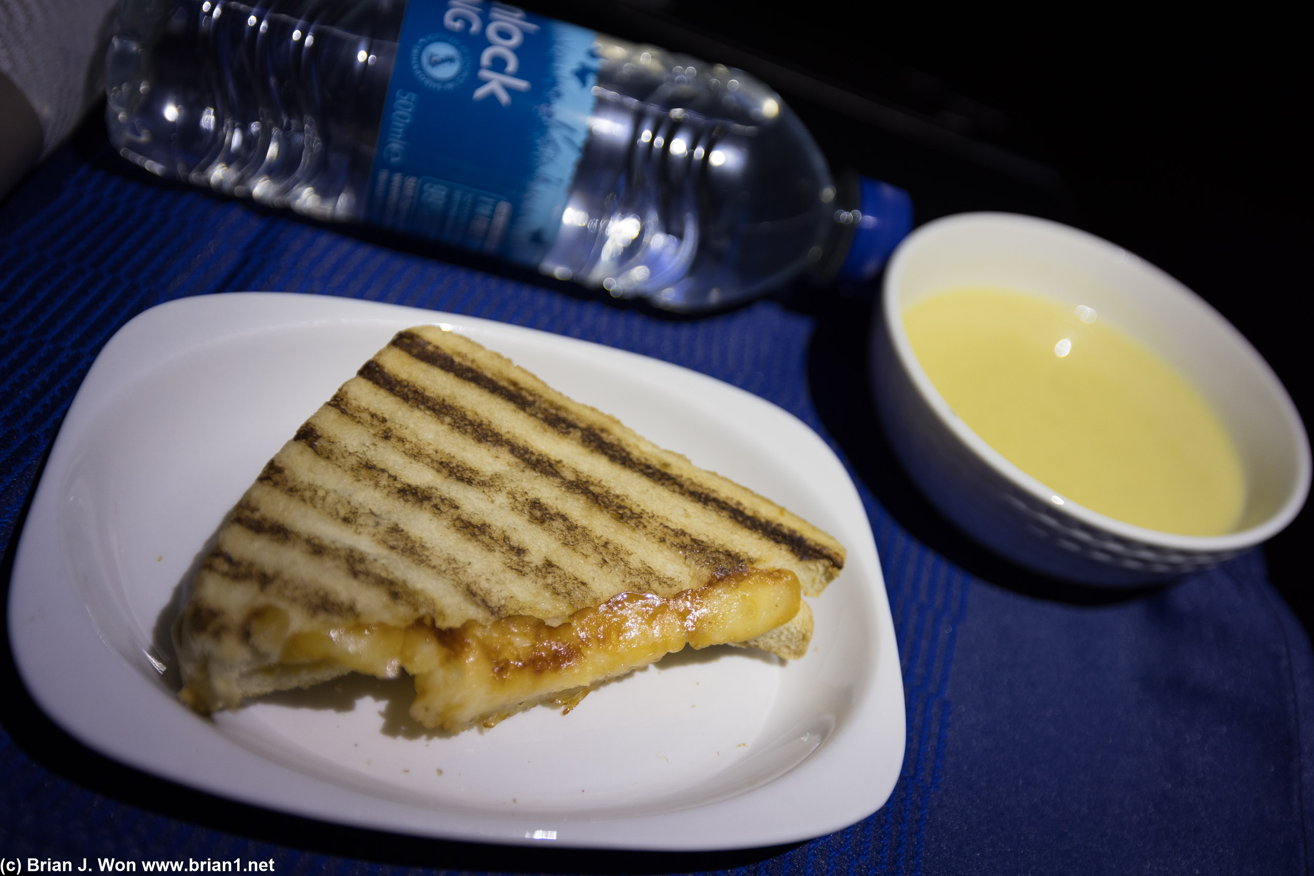 Mid-flight snack of celery soup and grilled cheese.