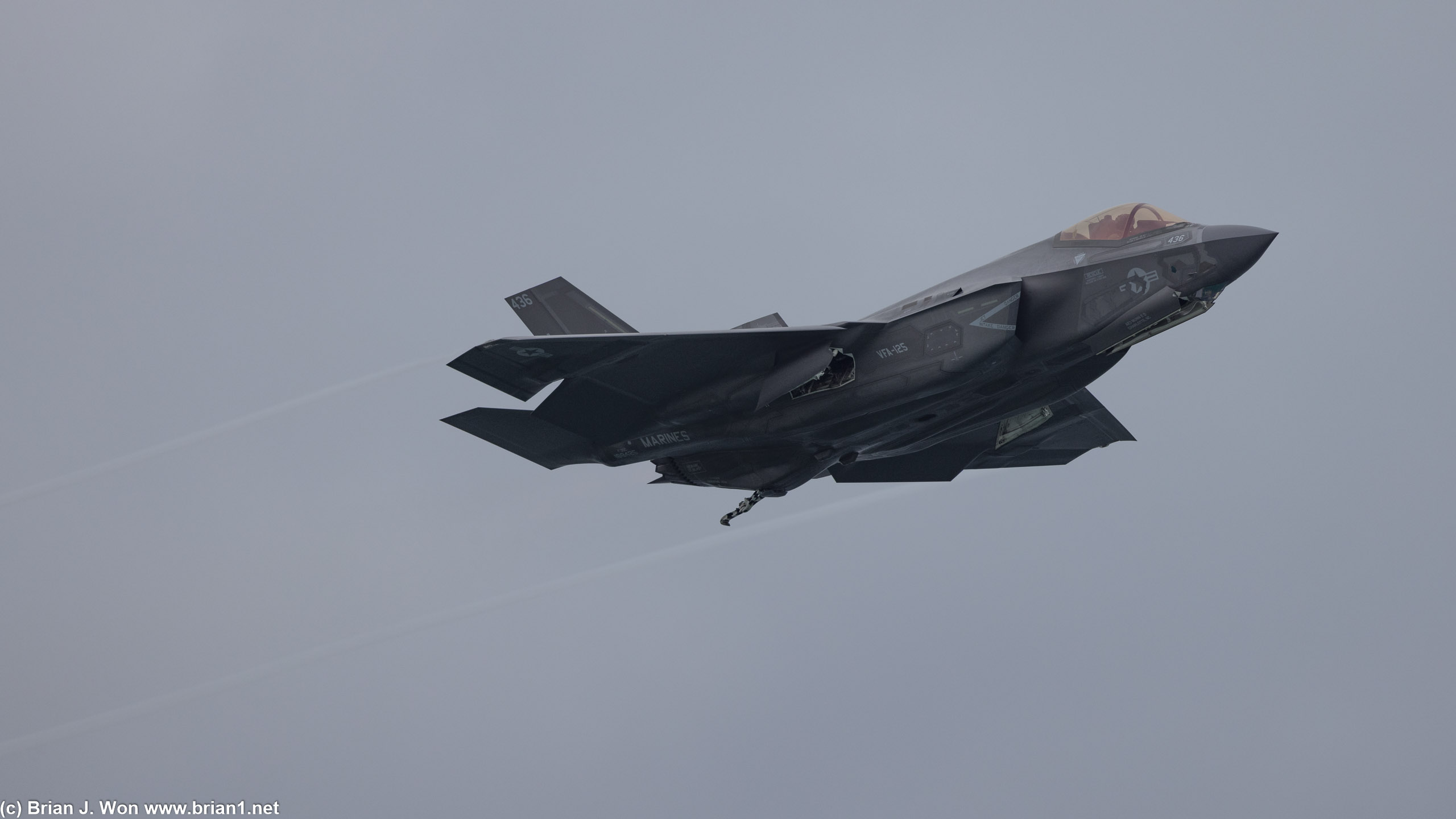 US Navy F-35C Lightning II Demo Team with weapon bay doors and tail hook extended.