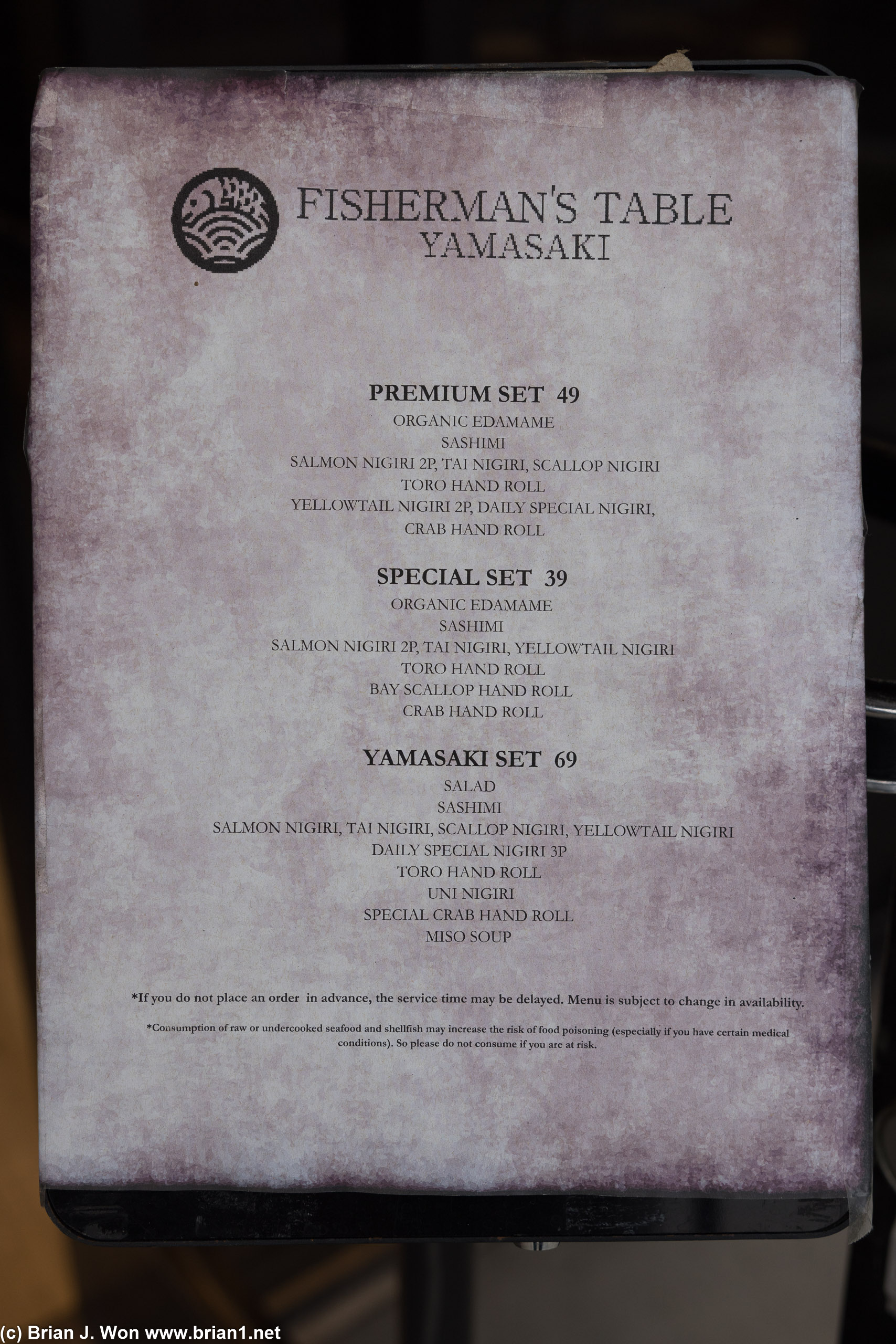 Fisherman's Table Yamasaki menu.