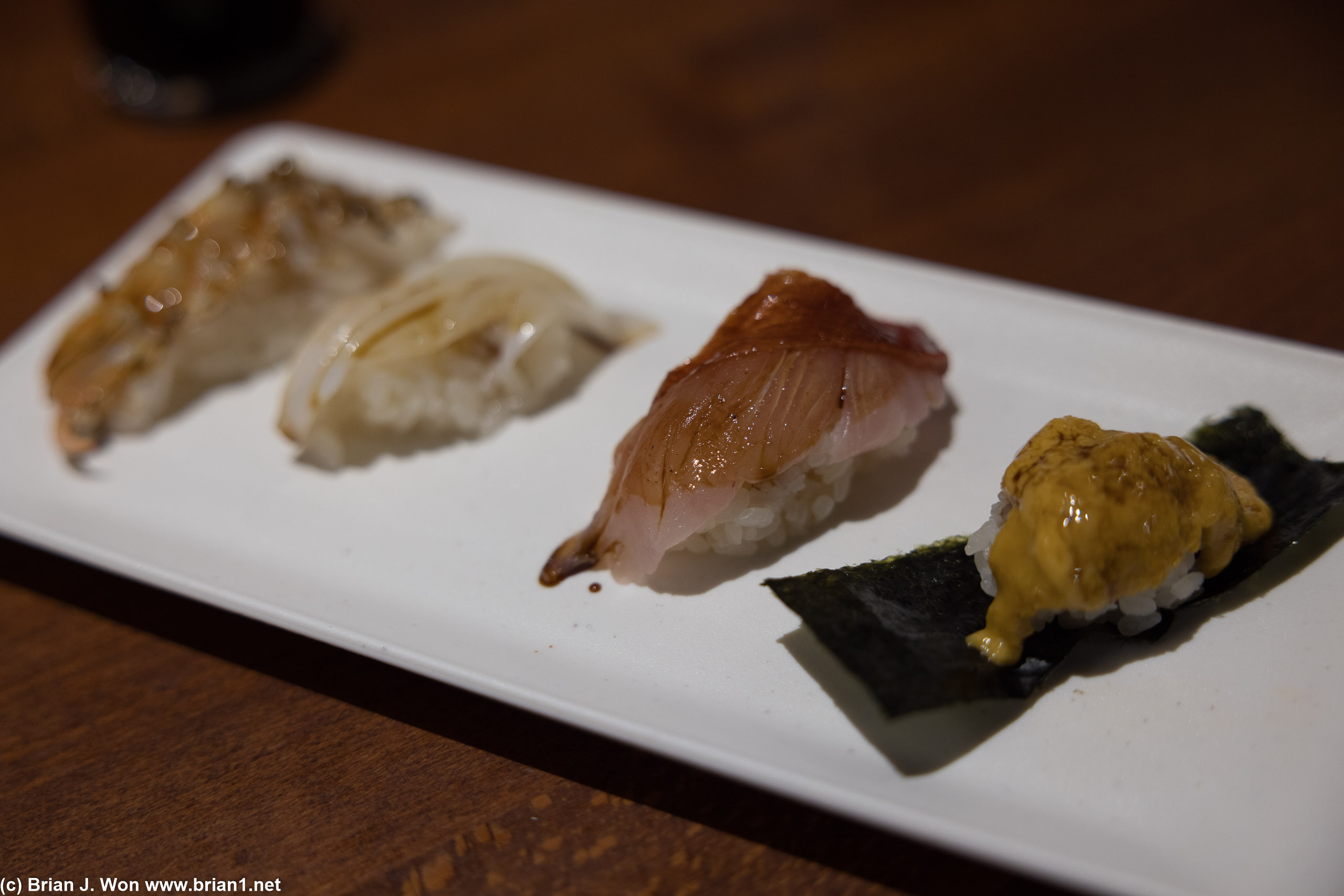 From left: Mexican black tiger shrimp, Japanese blue king squid (ika), red snapper (madai), New Zealand uni.