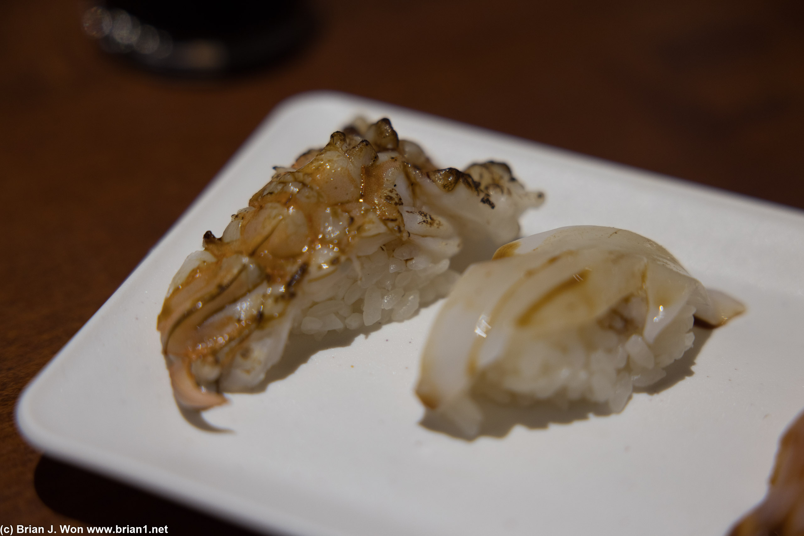 Mexican tiger shrimp, Japanese blue king squid (ika).