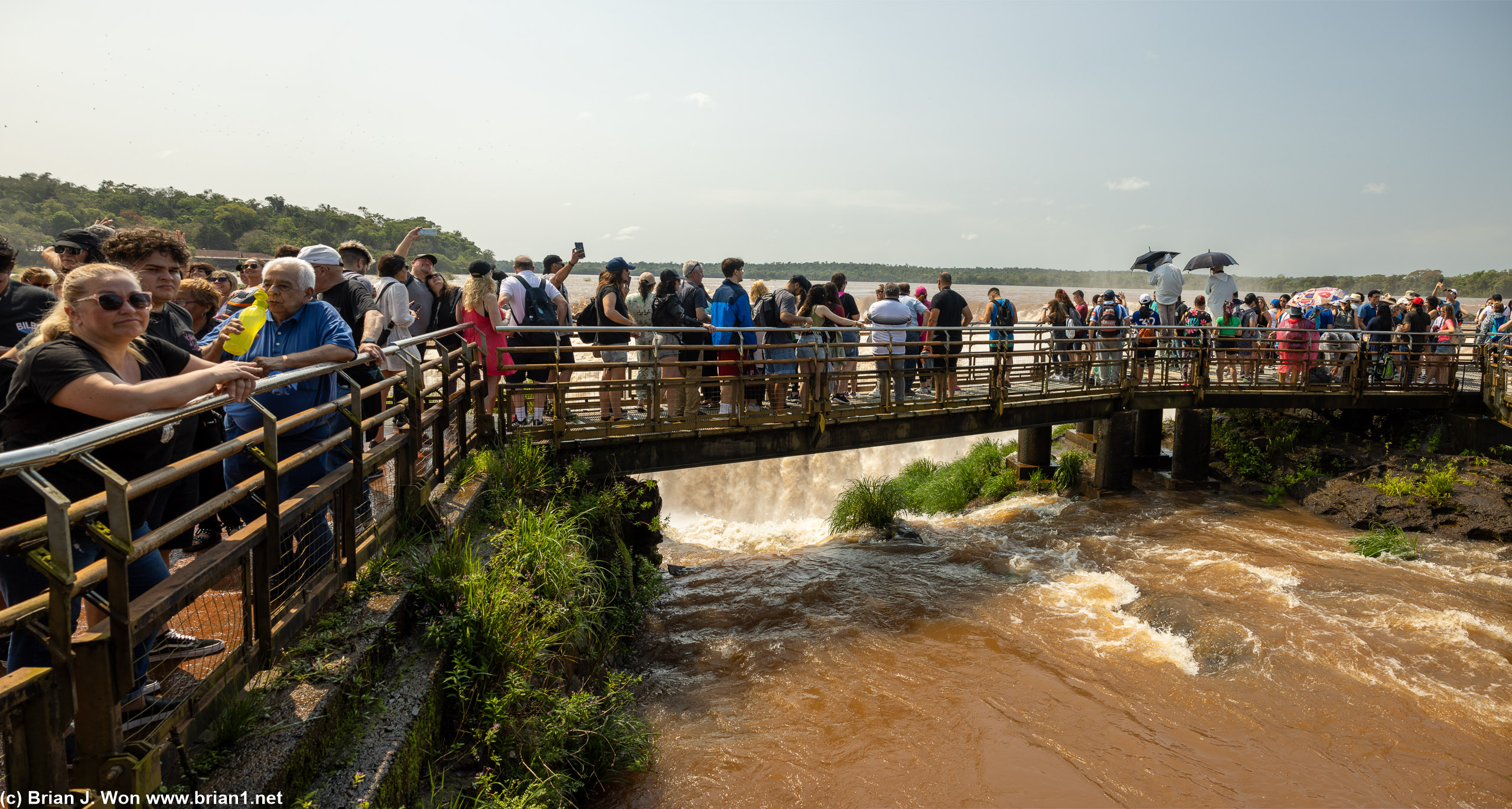 Extensive viewing platforms sunk into the solid basalt that makes up Iguazu Falls.