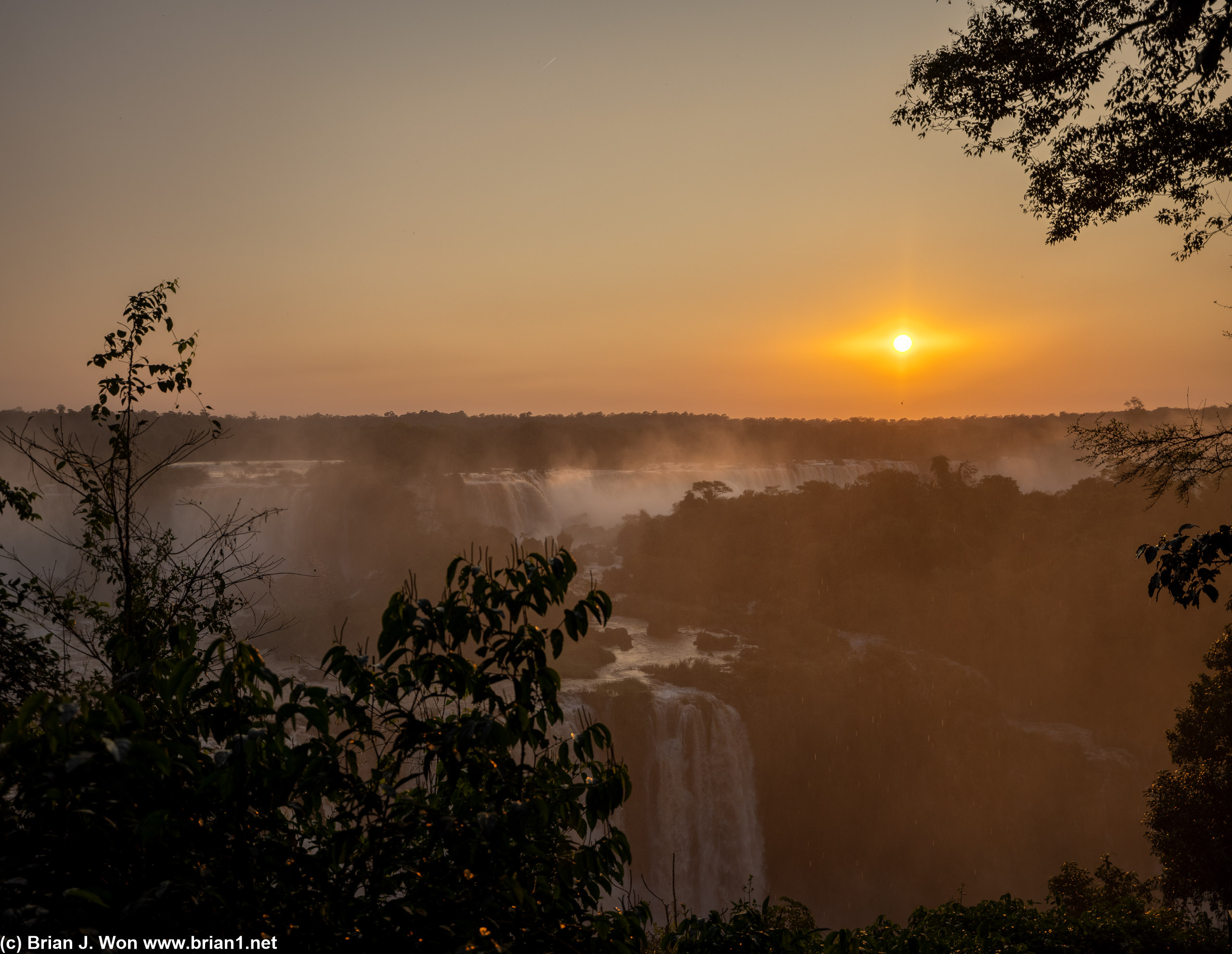 Iguazu Falls at sunset.