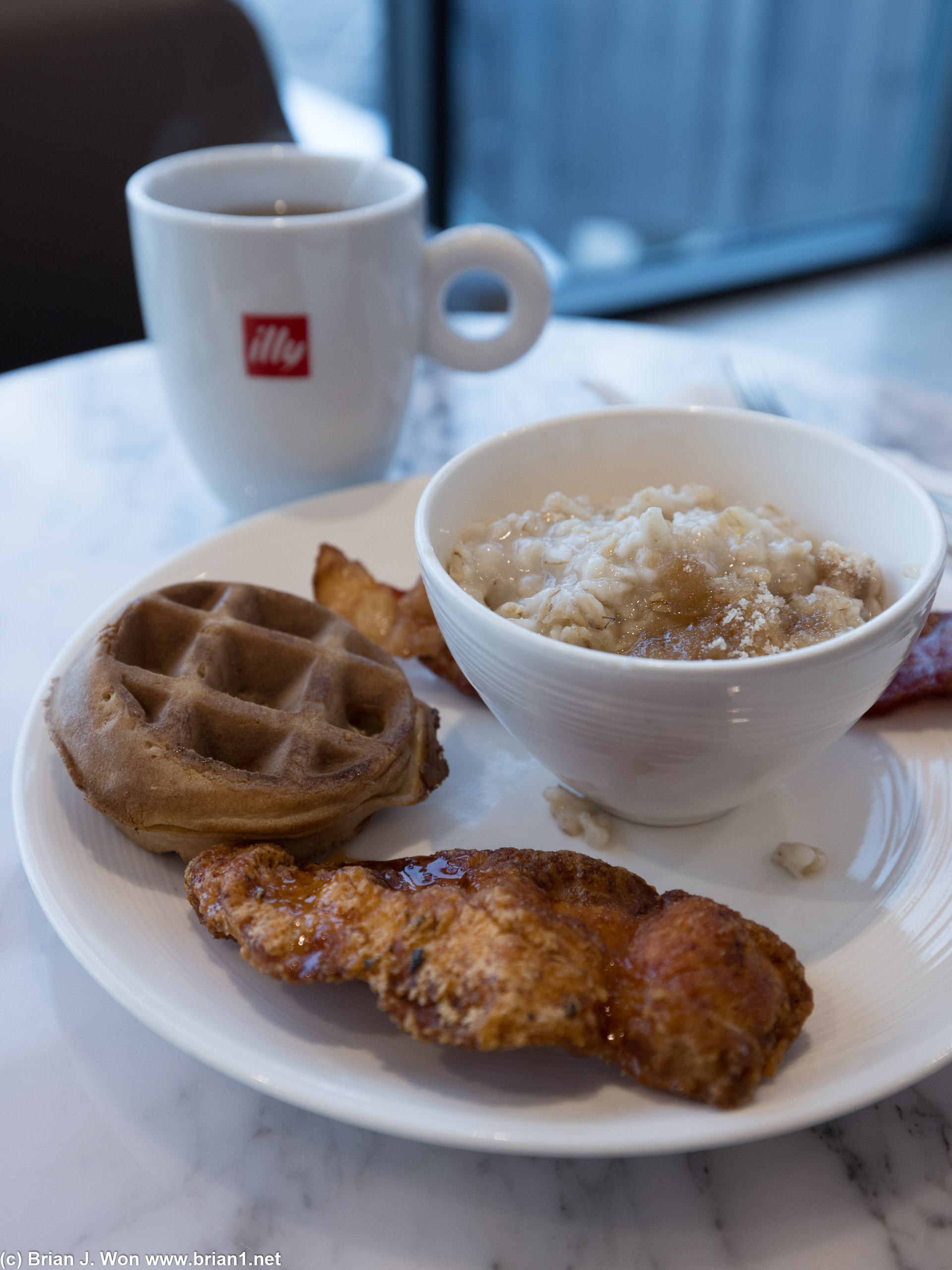 Decided on oatmeal, fried chicken, and a waffle. One of each.