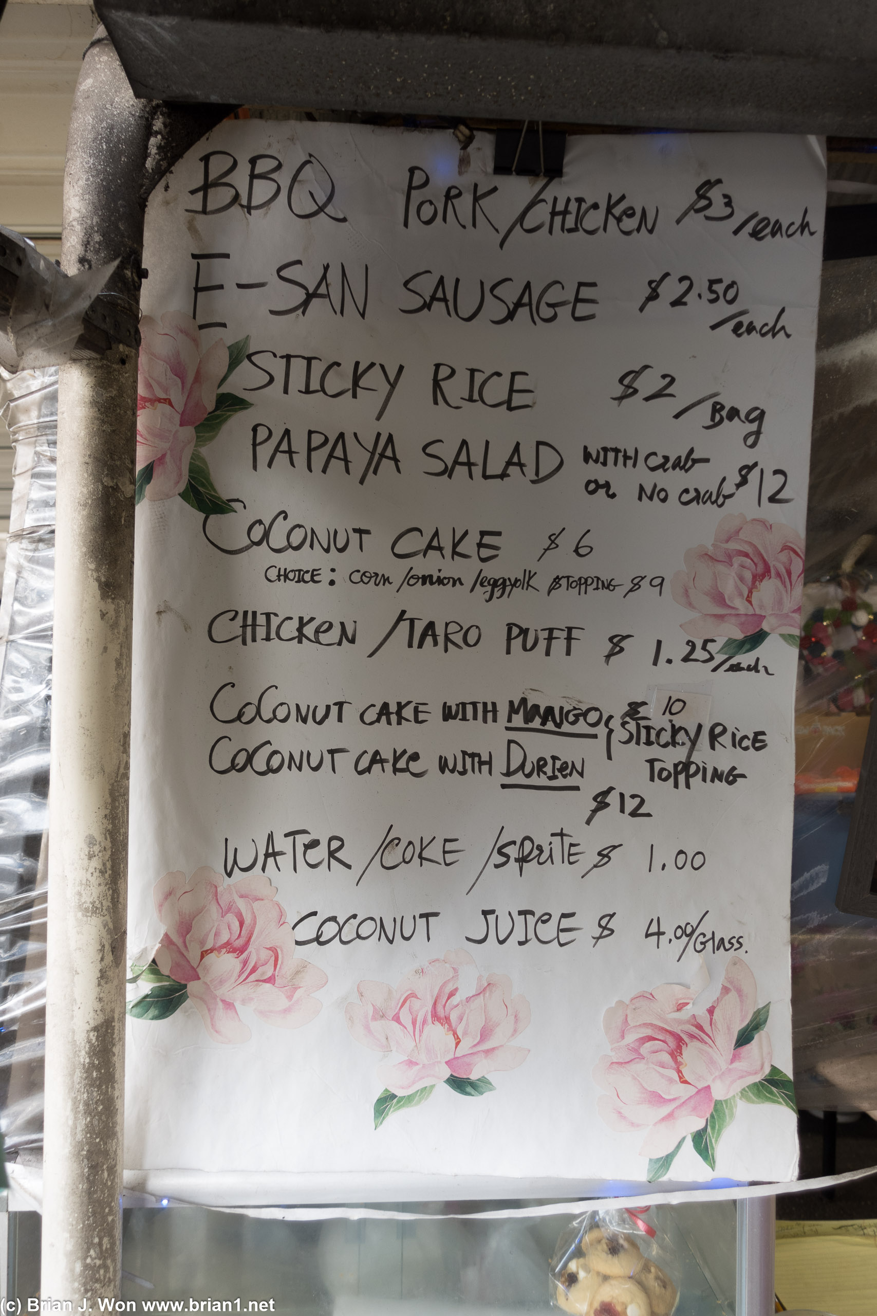 Menu at Mae Ting's Coconut Cakes.