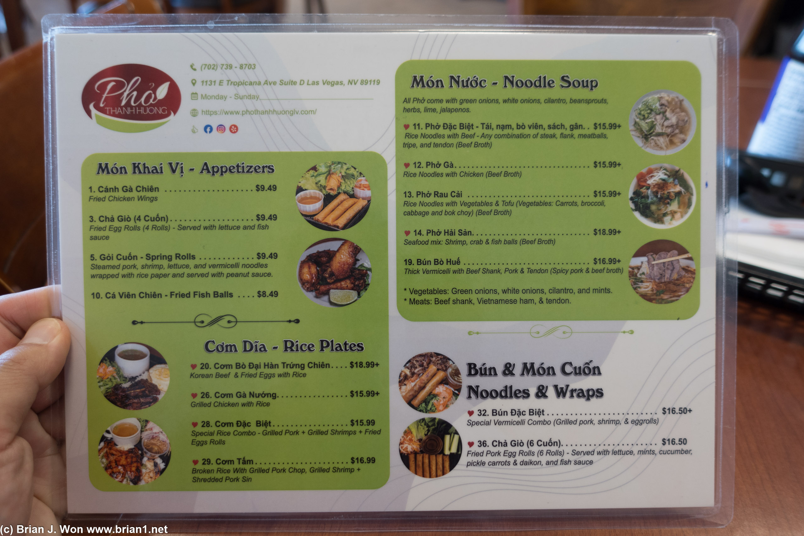 Menu at Pho Thanh Huong.