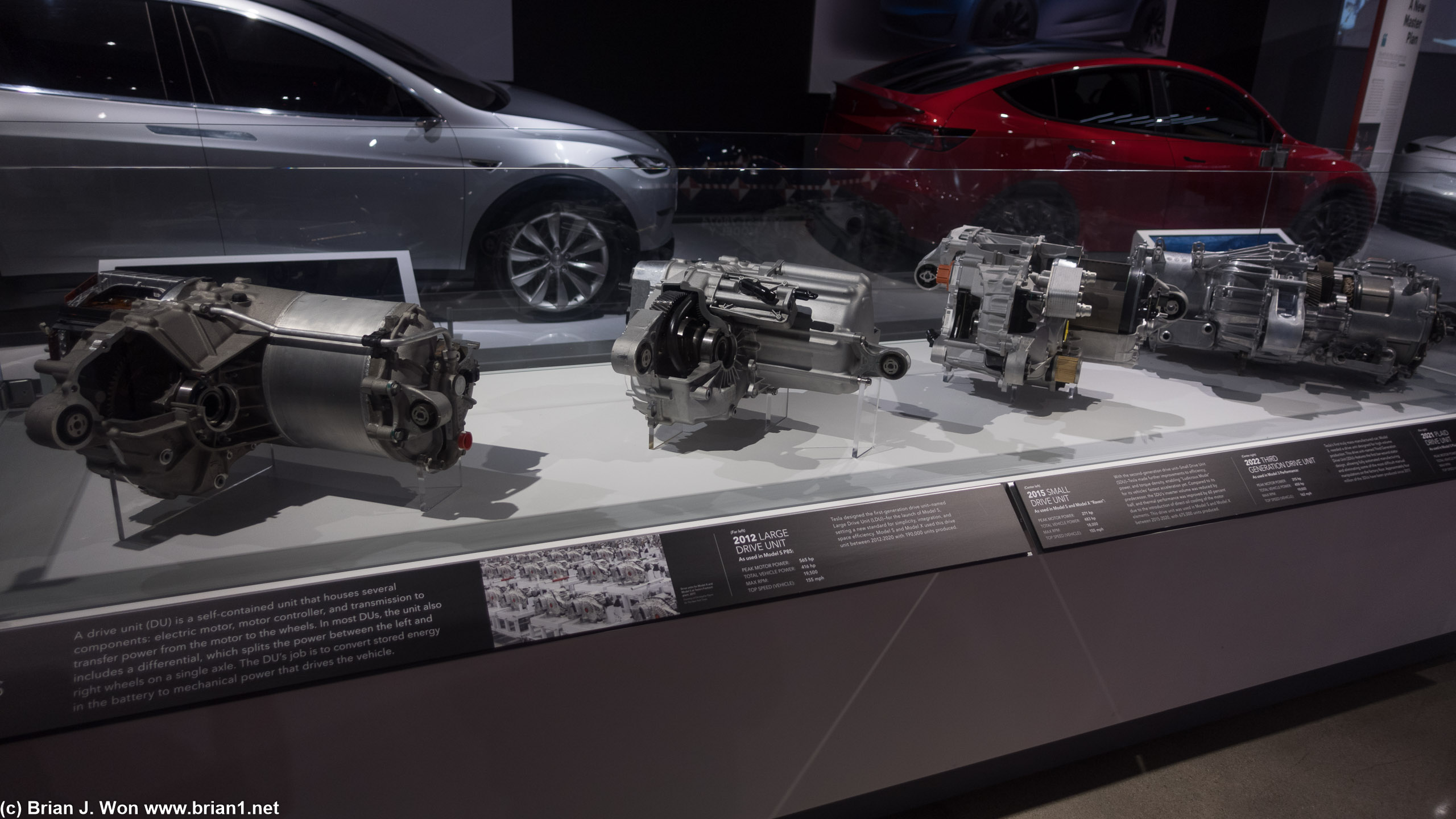 Line-up of different generations of Tesla drive units.