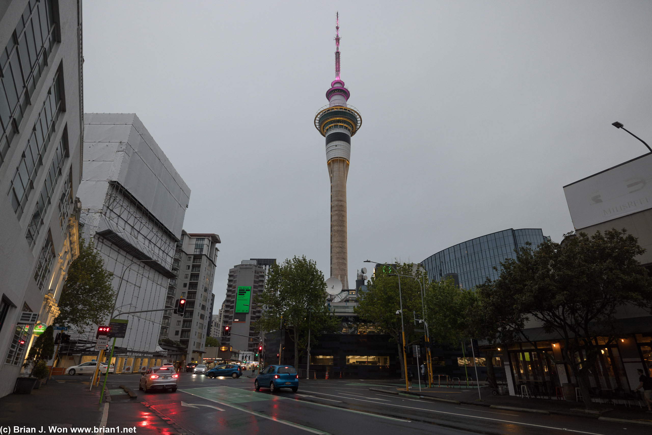 Sky Tower on a slightly rainy and very cloudy day.