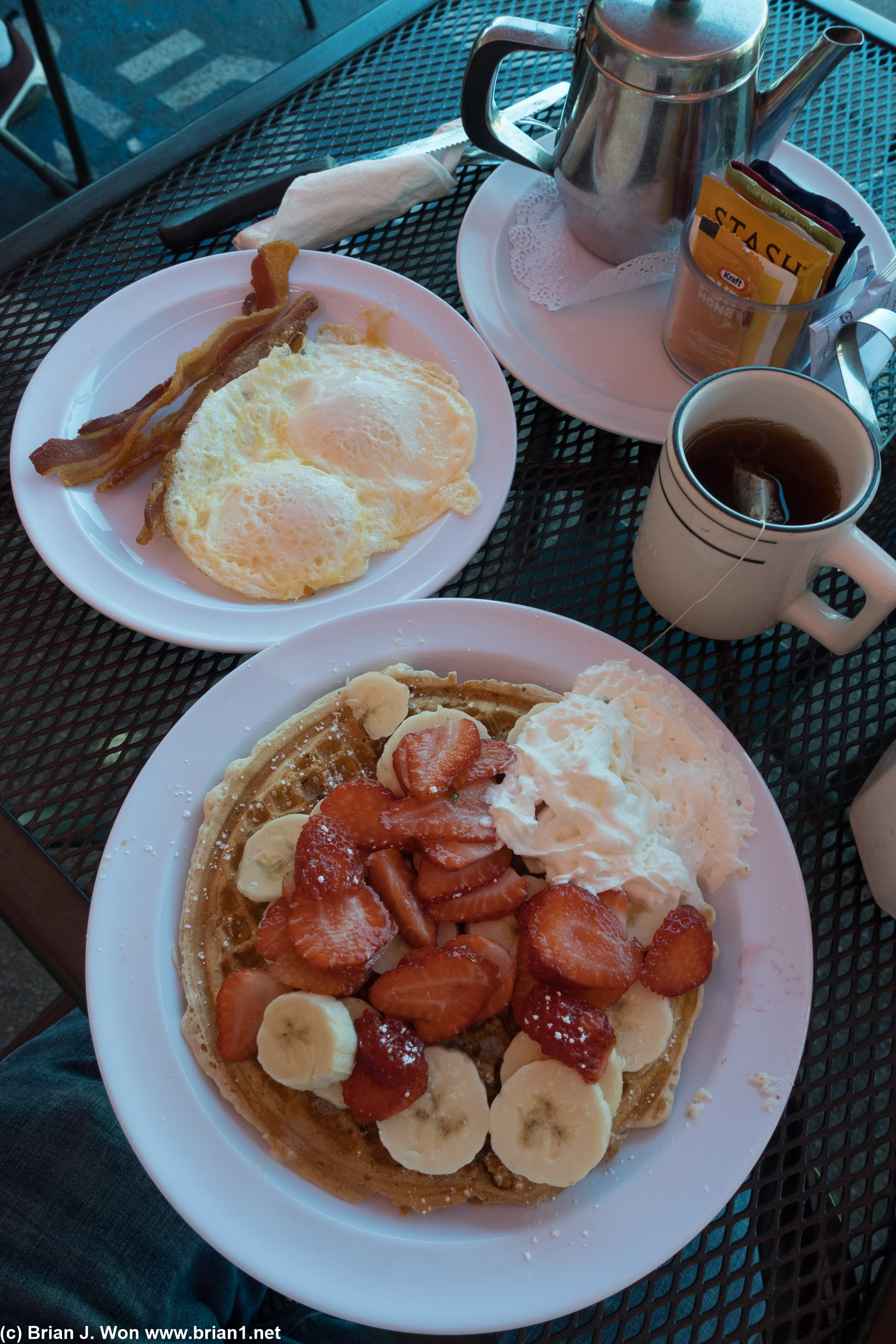 Banana nut with strawberries, plus bacon and eggs.