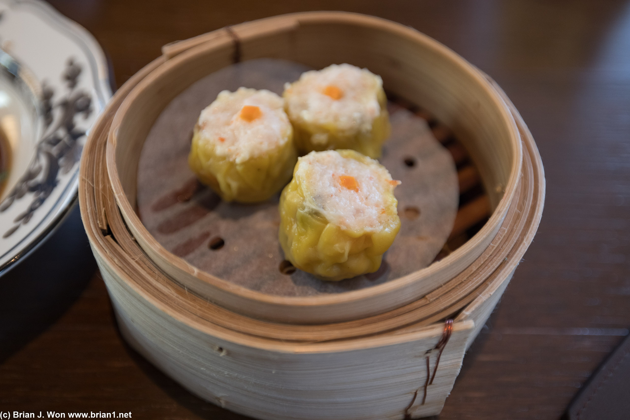 Shrimp and pork siu mai, in the Singaporean style (as opposed to the fat American style).
