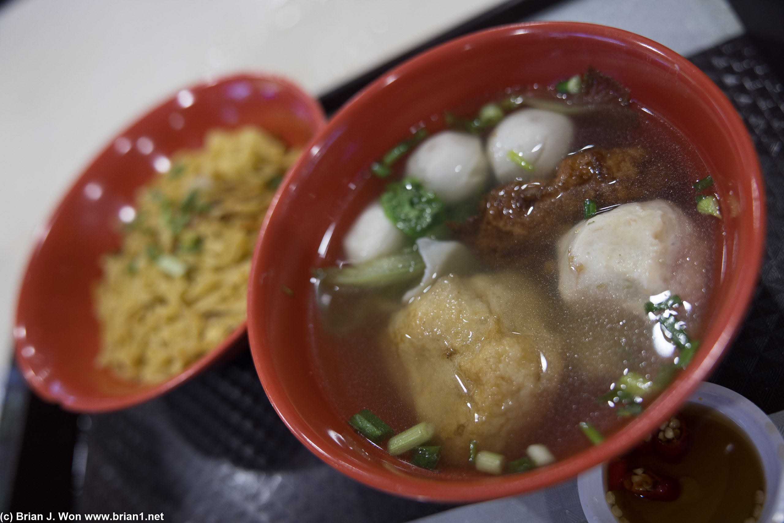 Fishball noodle soup from San Ren; sadly Soon Wah was closed.