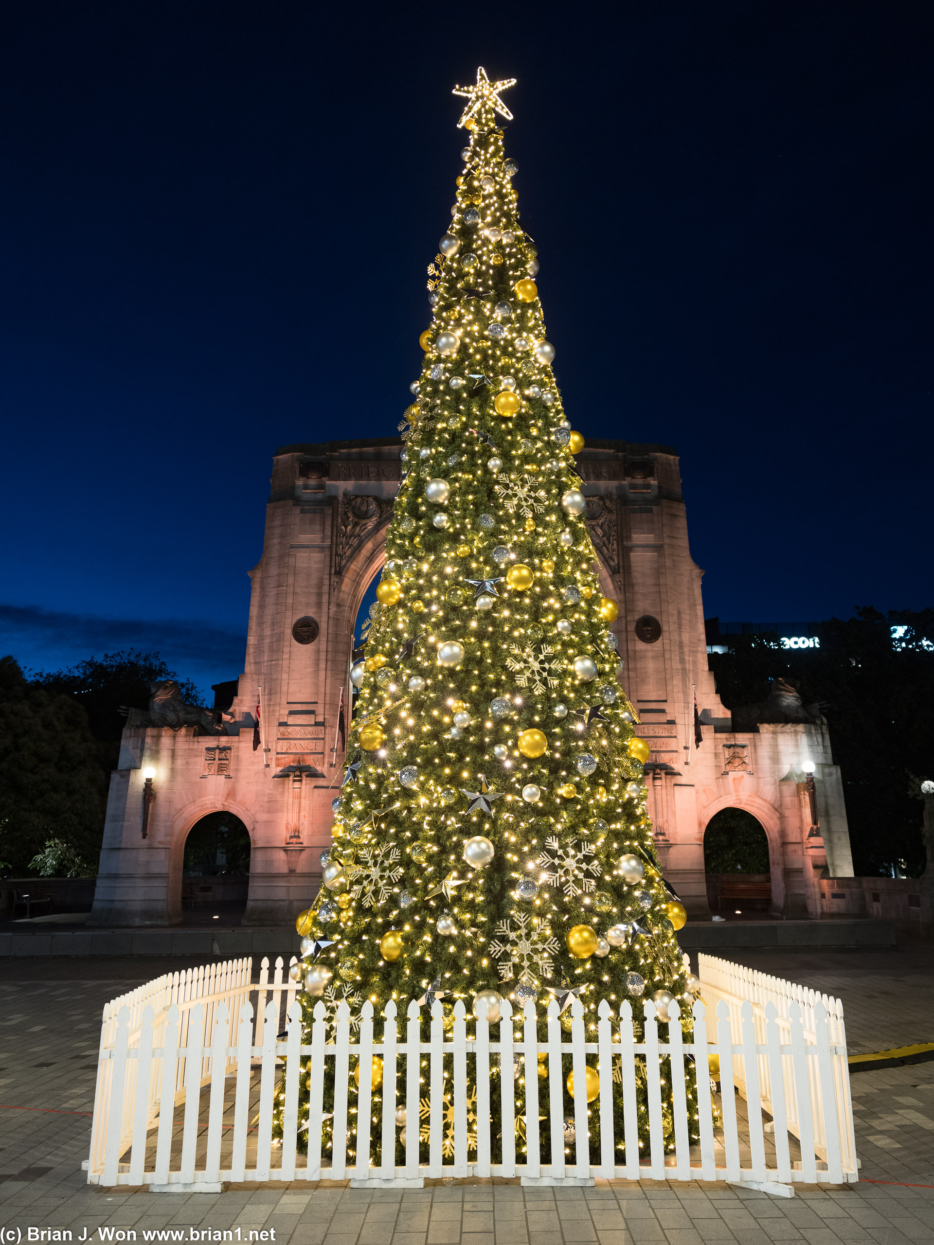 Christmas tree in front of the Bridge of Remembrance.