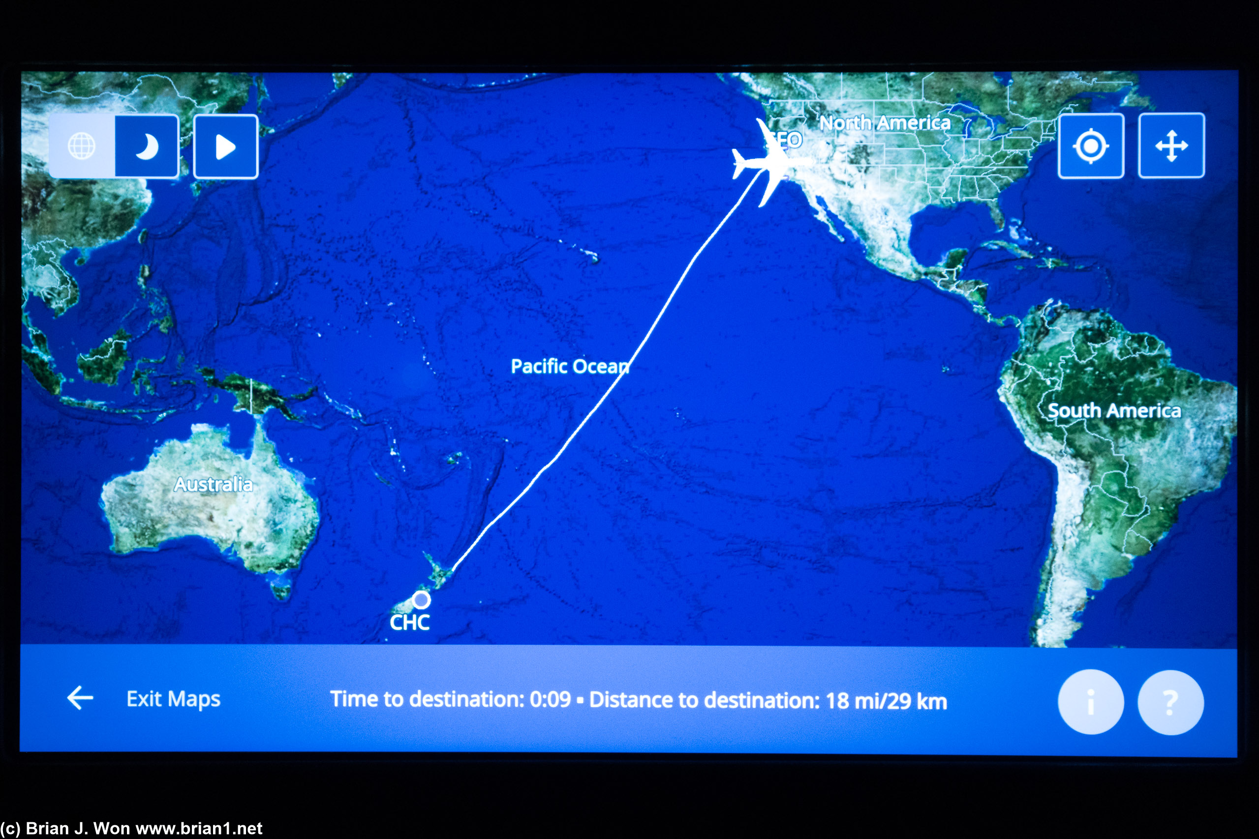 12hr 10 min, 7,009 miles in the air (per Flightaware, great circle is 6,933 miles)..