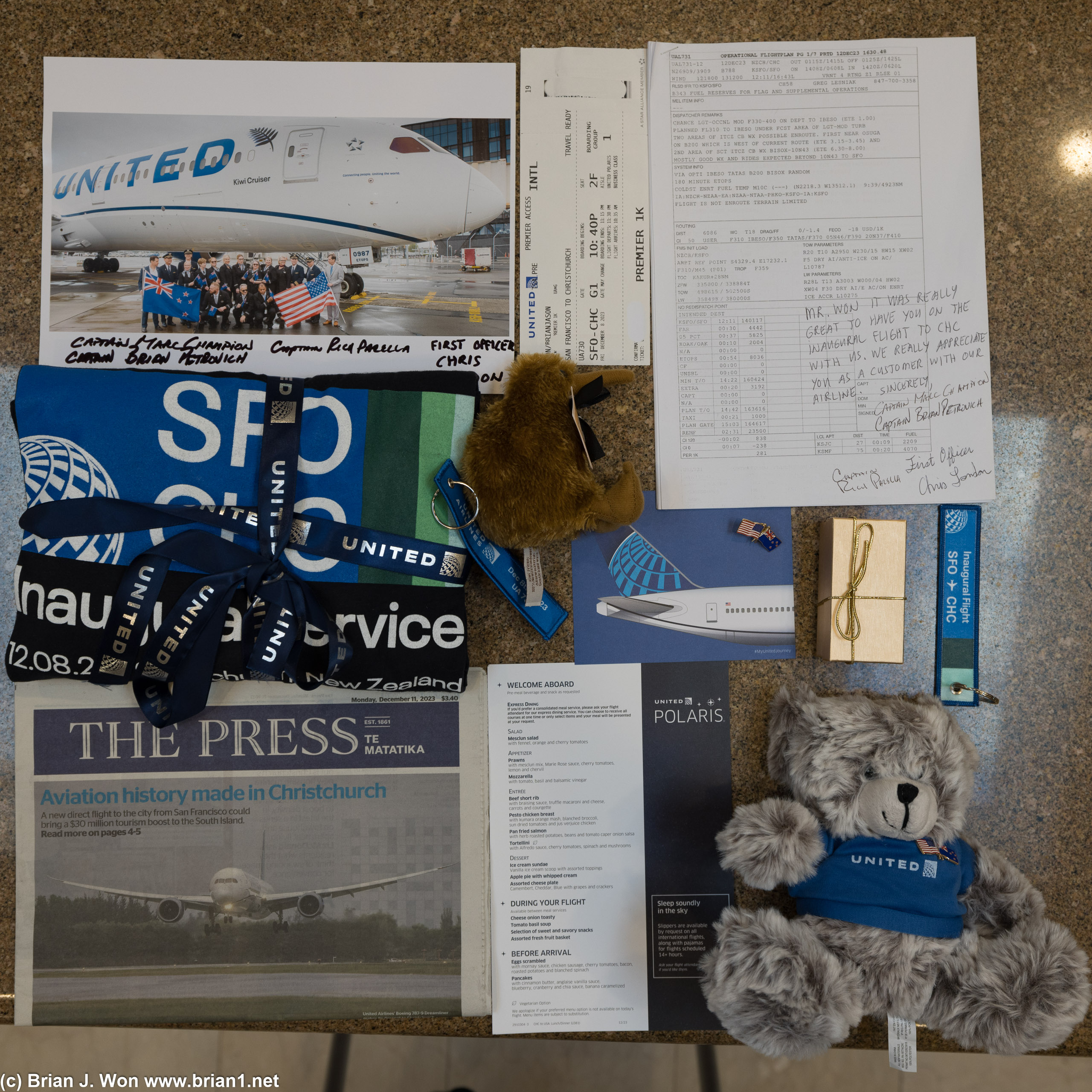 Some of the swag acquired from the inaugural flight and on the return.
