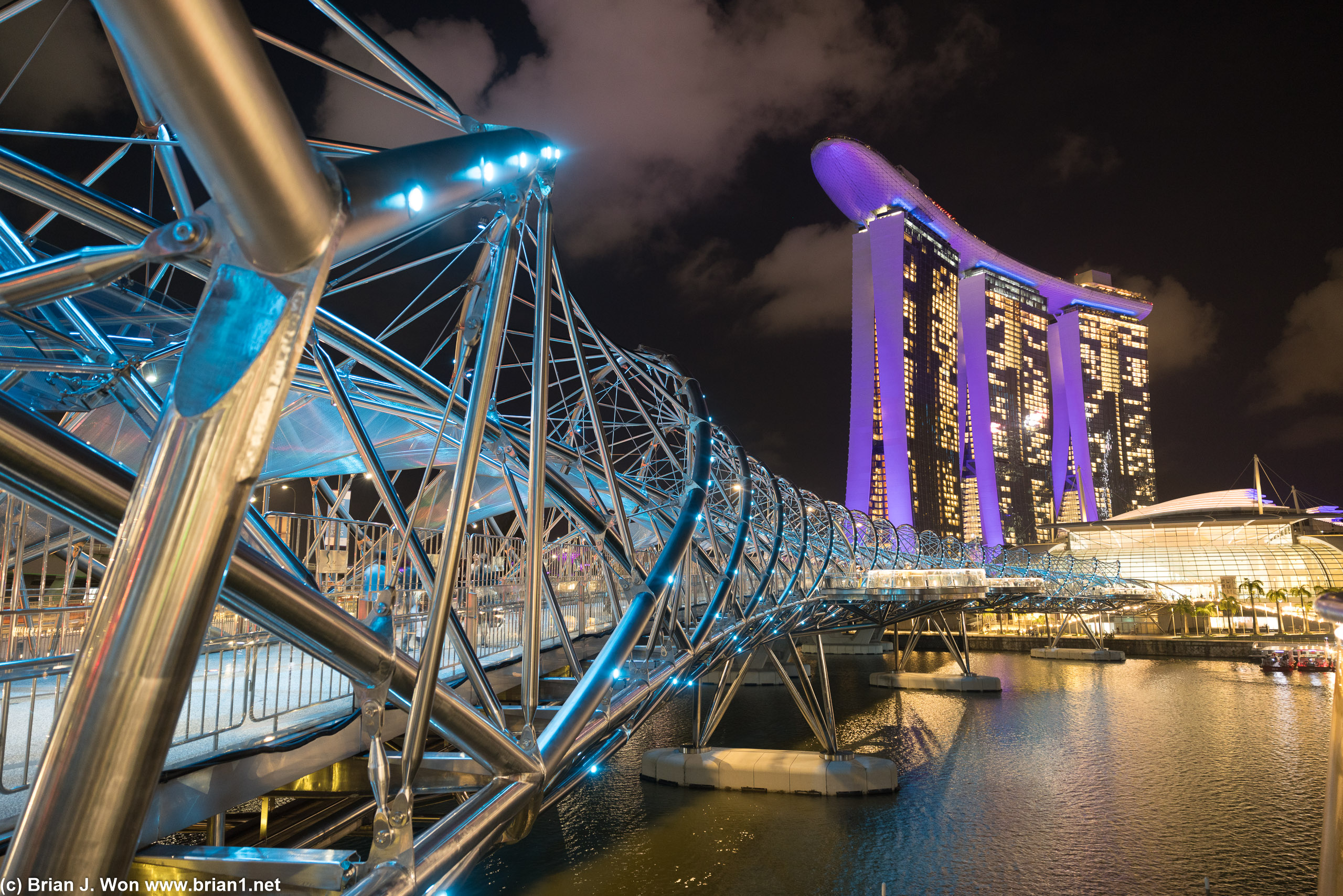 The famous Helix Bridge with Marina Bay Sands hotel in the background.