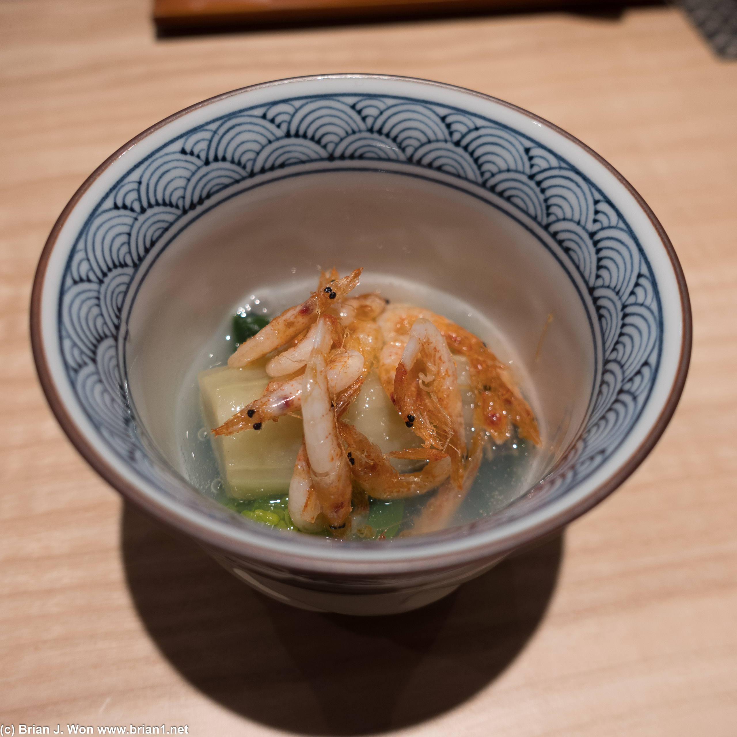 Shizoka shrimp & eggplant and spinach, clam broth.