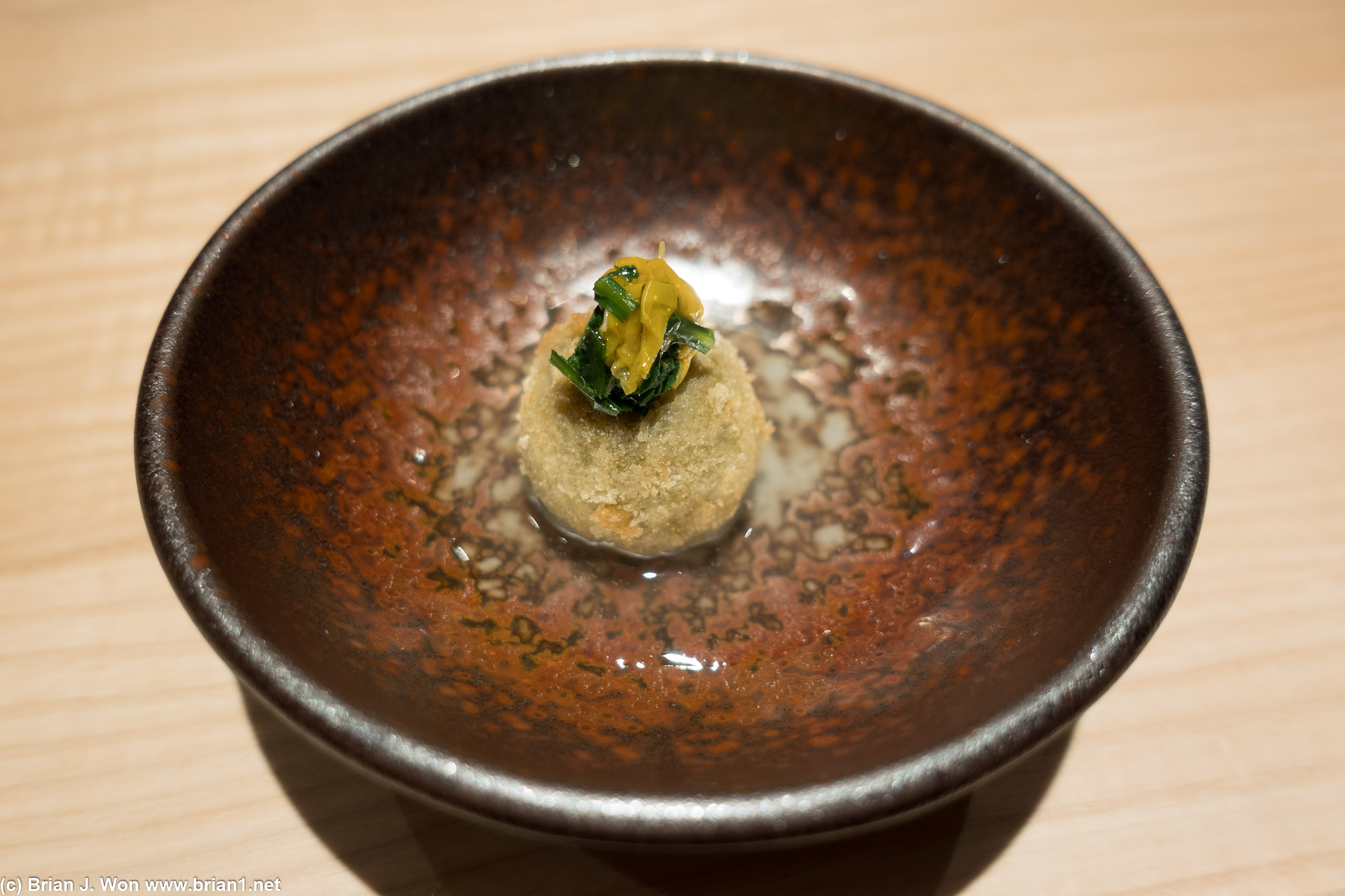 Fried oyster with chrysanthemum, bonito broth.
