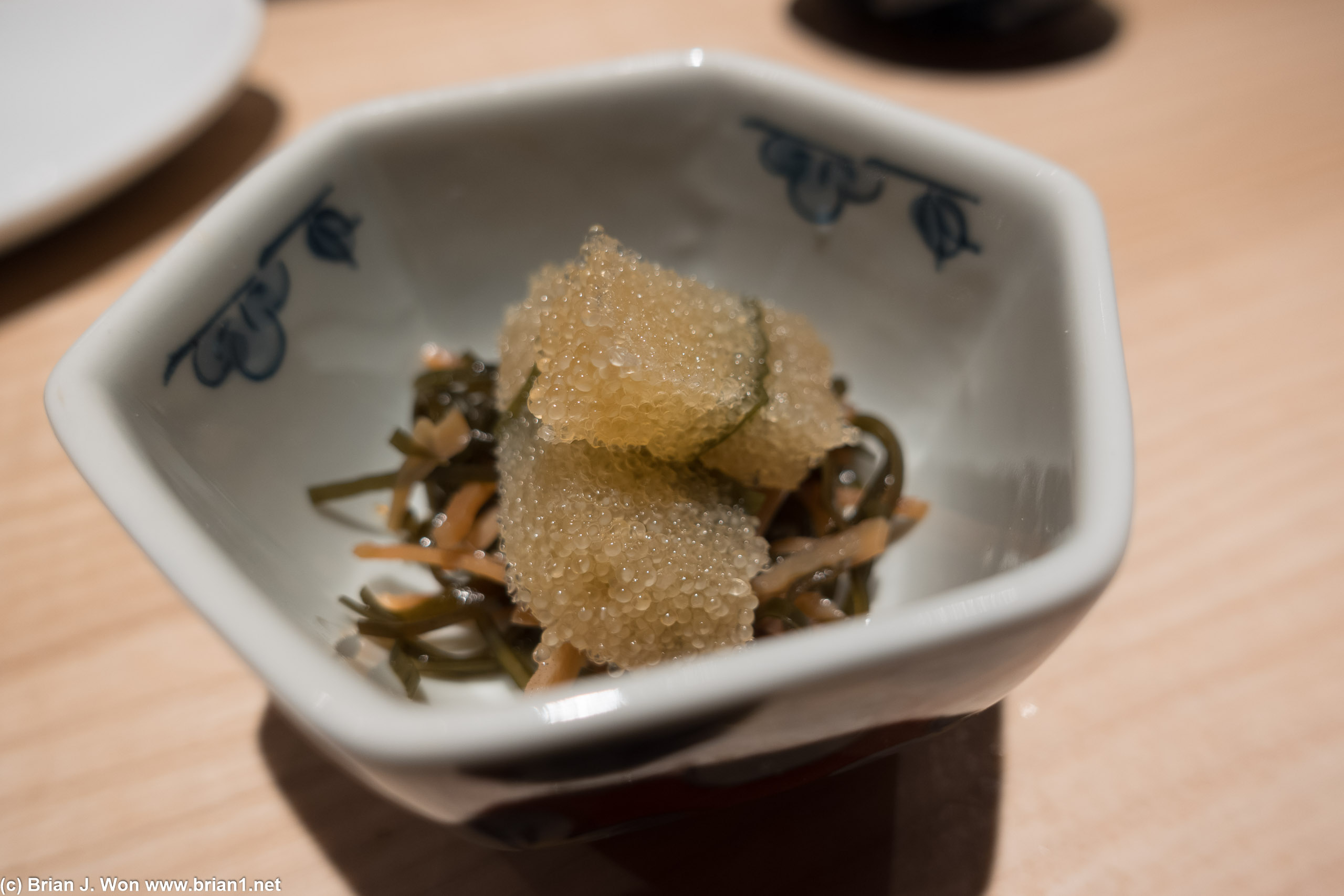 Kazunoko (marinated herring roe) with kelp and squid.