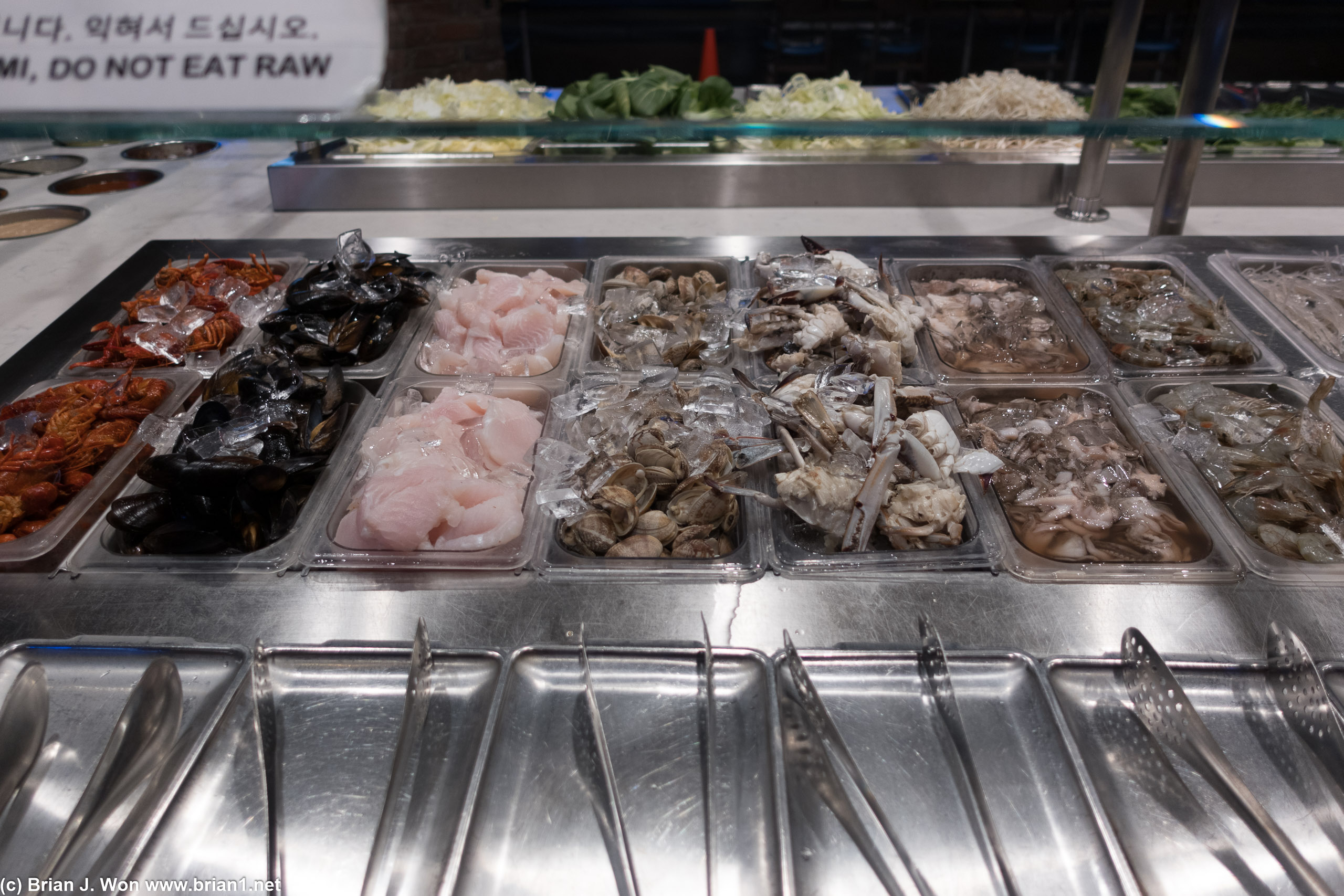 Seafood: crawfish, mussels, fish, clams, crab, squid, shrimp.