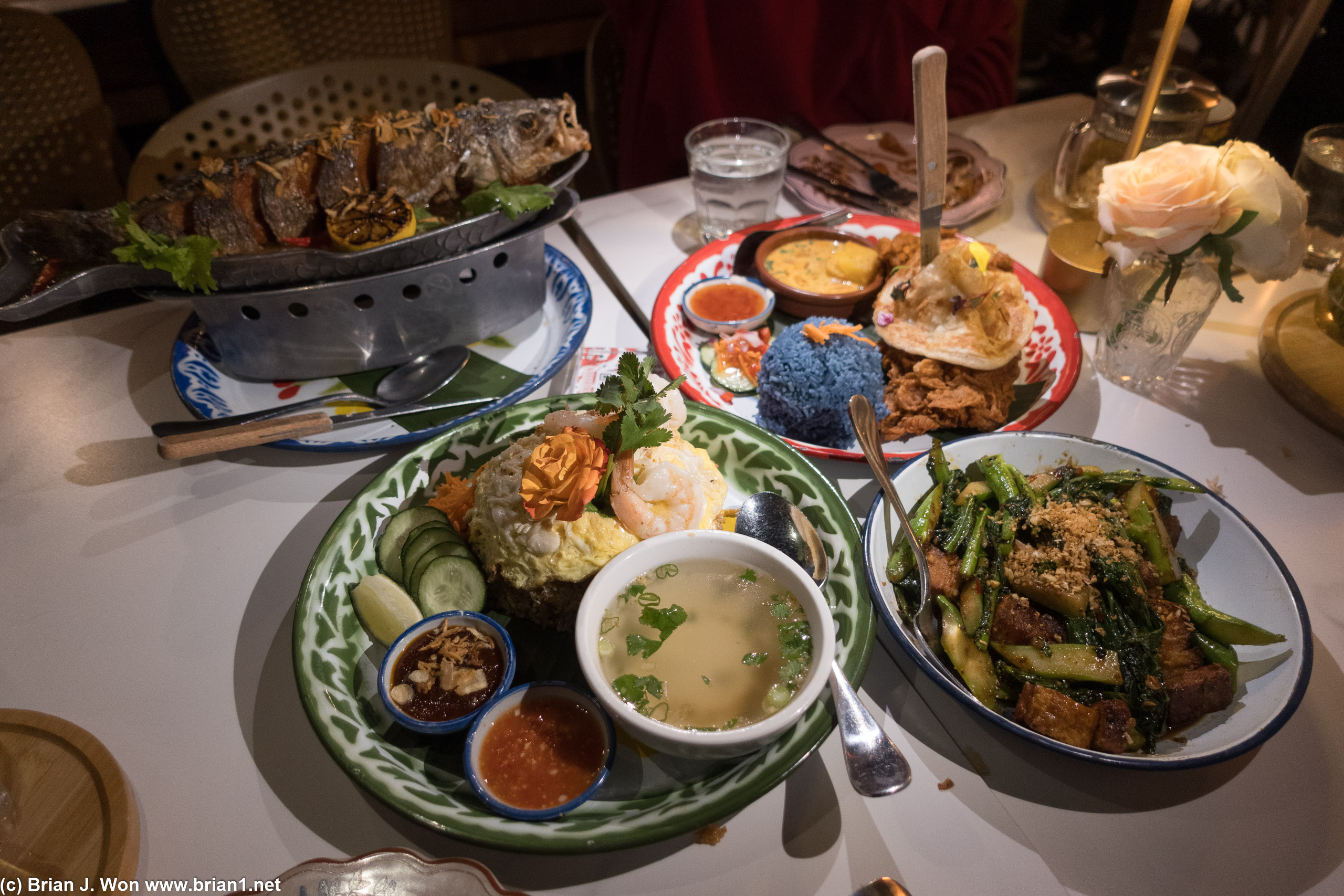 The spread. Add in Hat Yai Fried Chicken (right) and crab fried rice (left), plus gai lan with crispy pork belly.