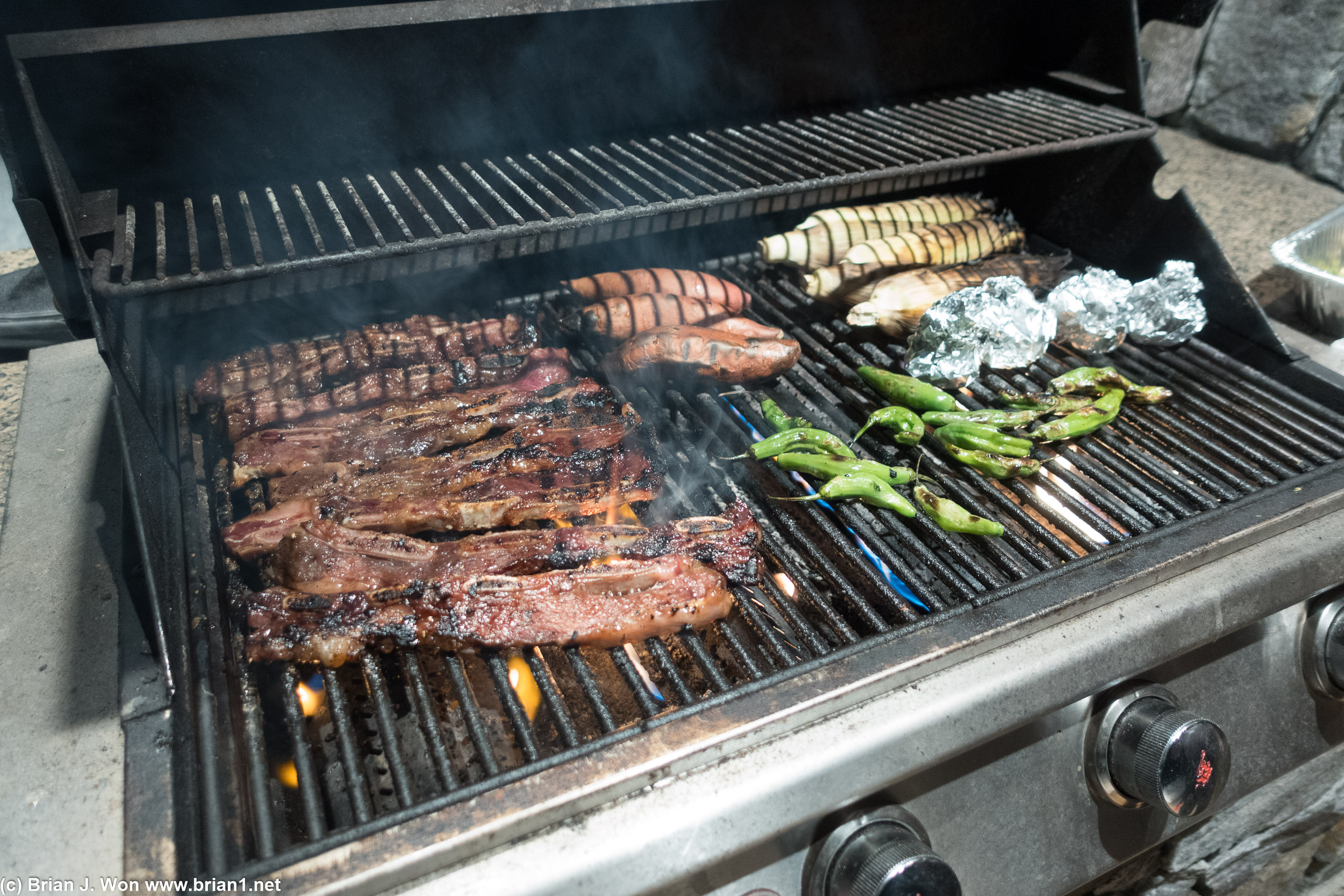 Galbi, sweet potato, corn, garlic, shishito peppers.