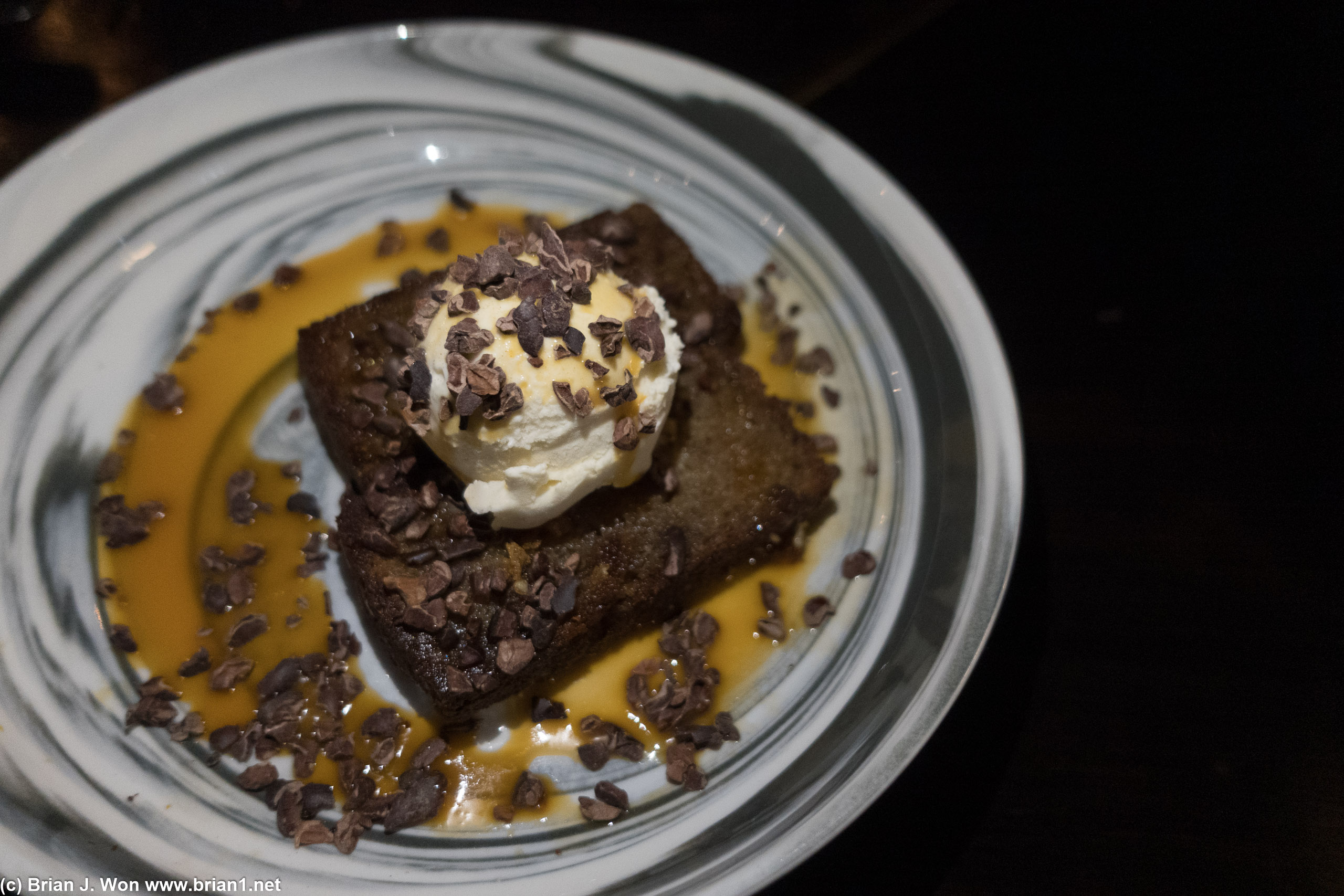 Warm french toast: plantain bread, coconut caramel, coca nibs, vanilla ice cream.