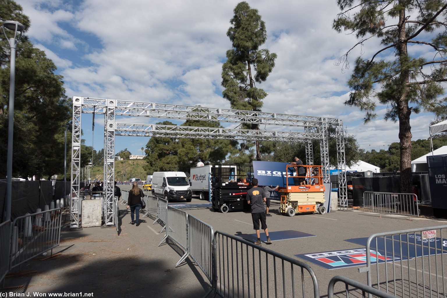 Setting up the start line for the Los Angeles Marathon.