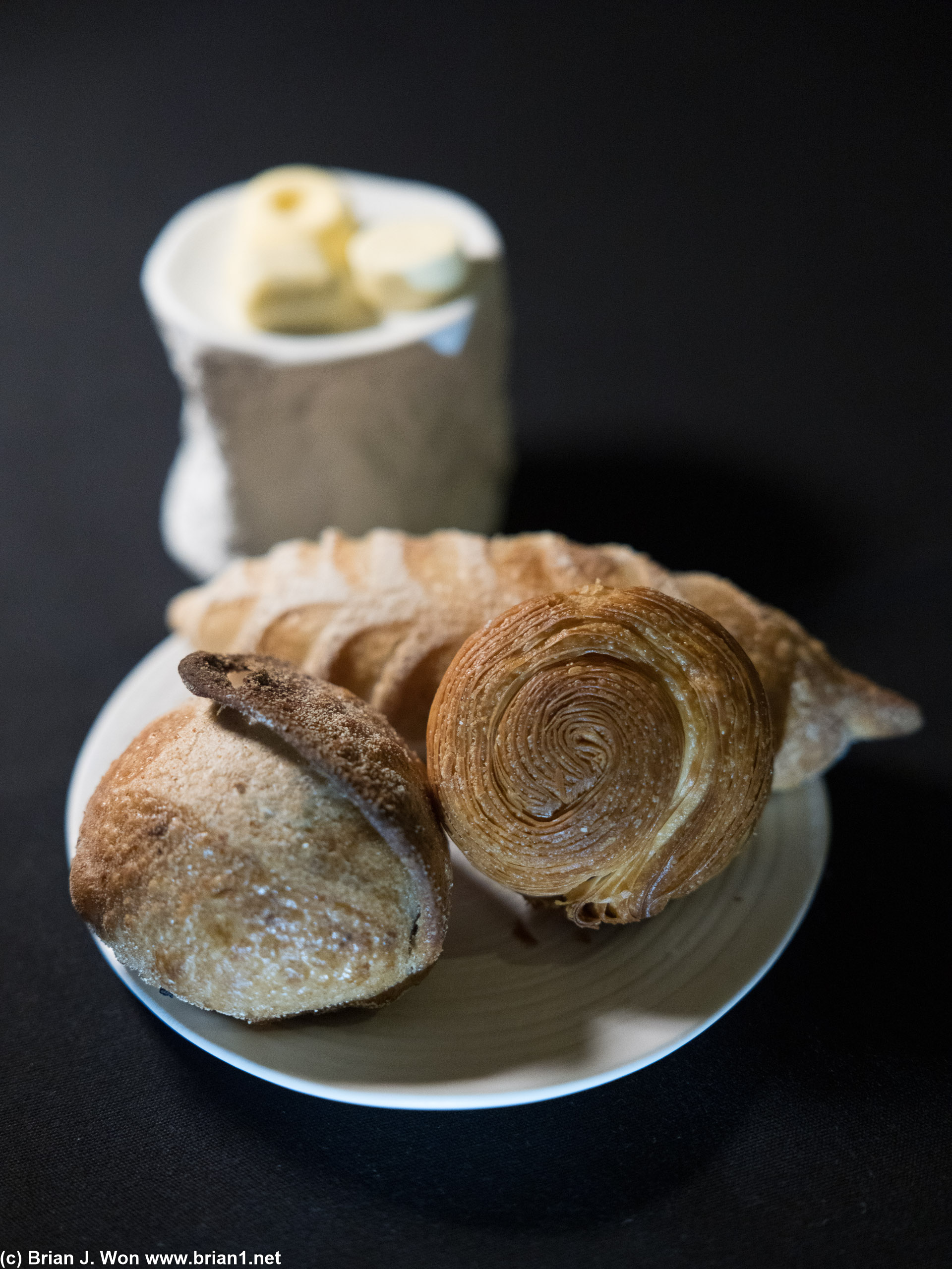 Three kinds of bread, three kinds of butter-- plain, honey, truffle.