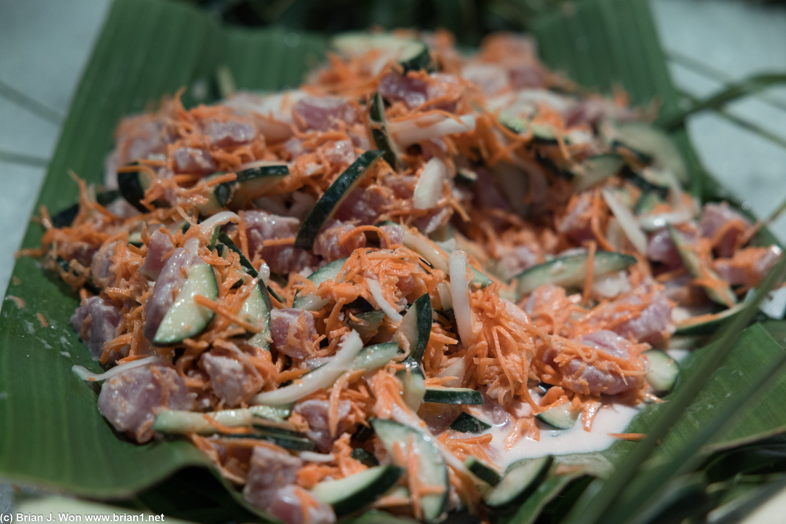 Raw tuna, papaya, cucumber, onions.