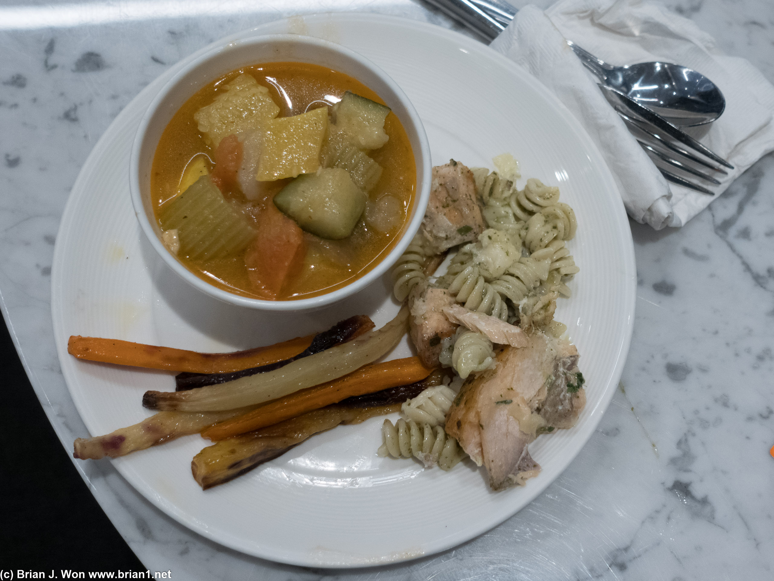 Dinner at Polaris Lounge at LAX. Veggie soup, pasta, carrots.