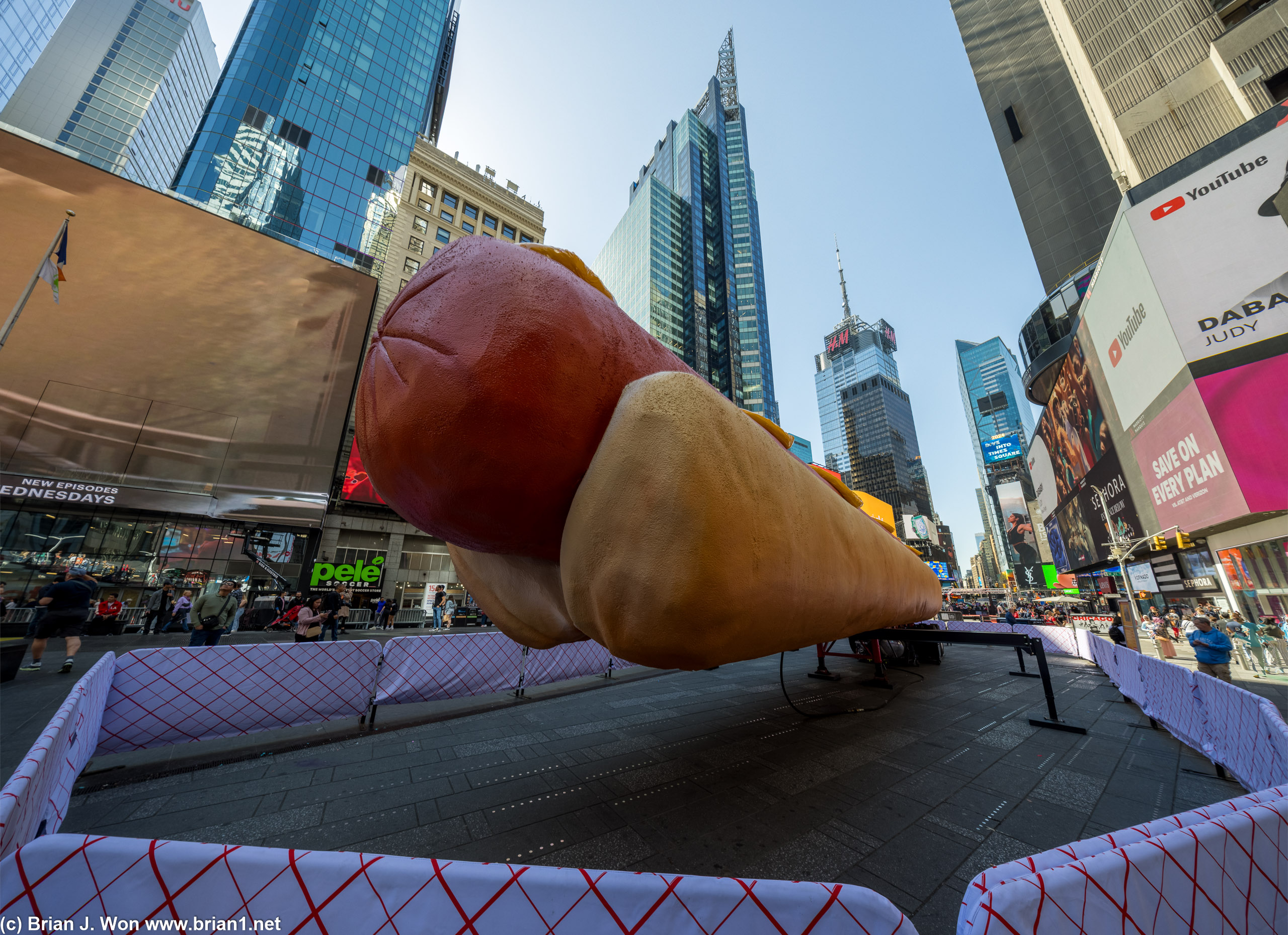 No idea why there is a giant hot dog in Times Square.