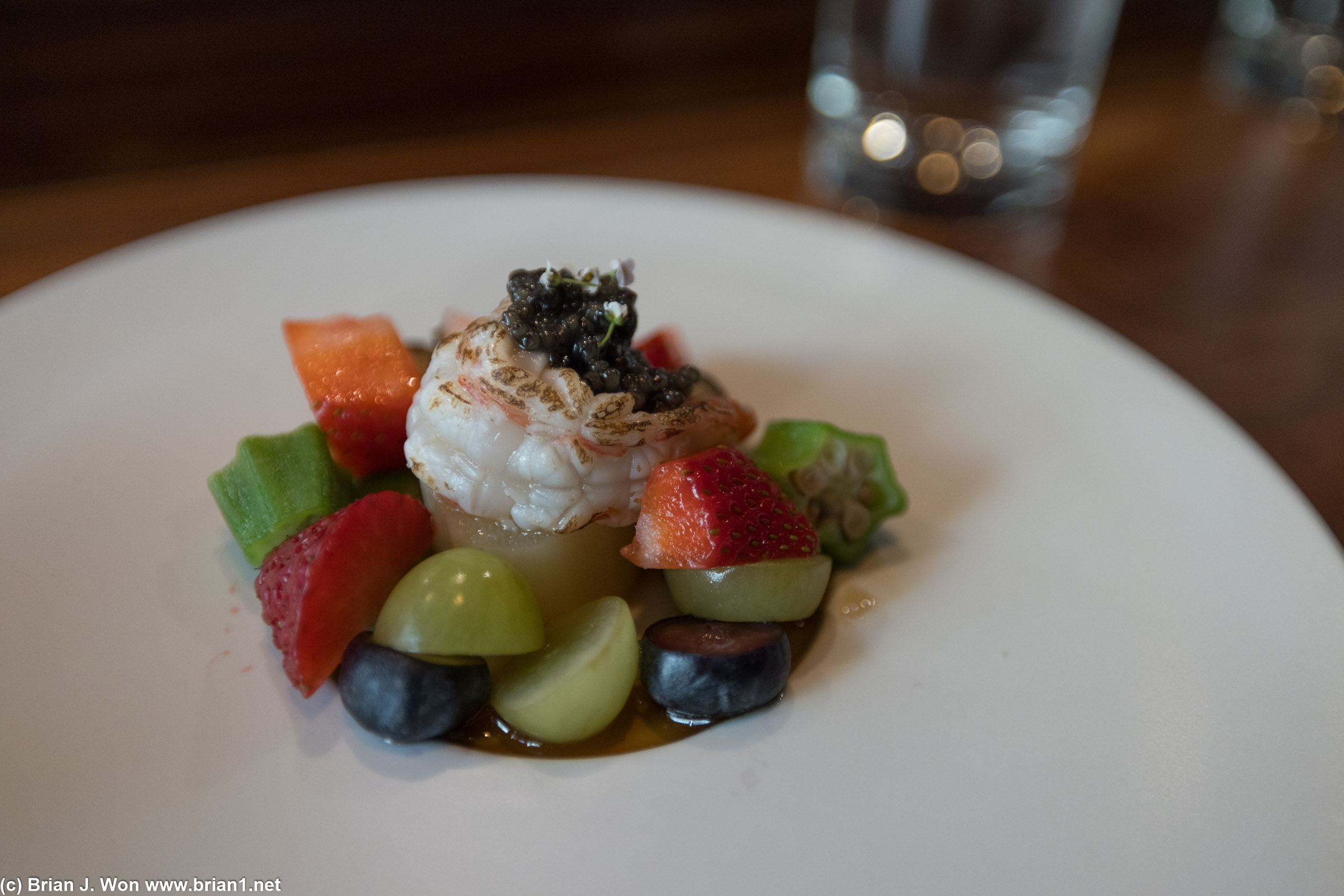 Shrimp, caviar, okra, and watanabe spring salad was amazing.