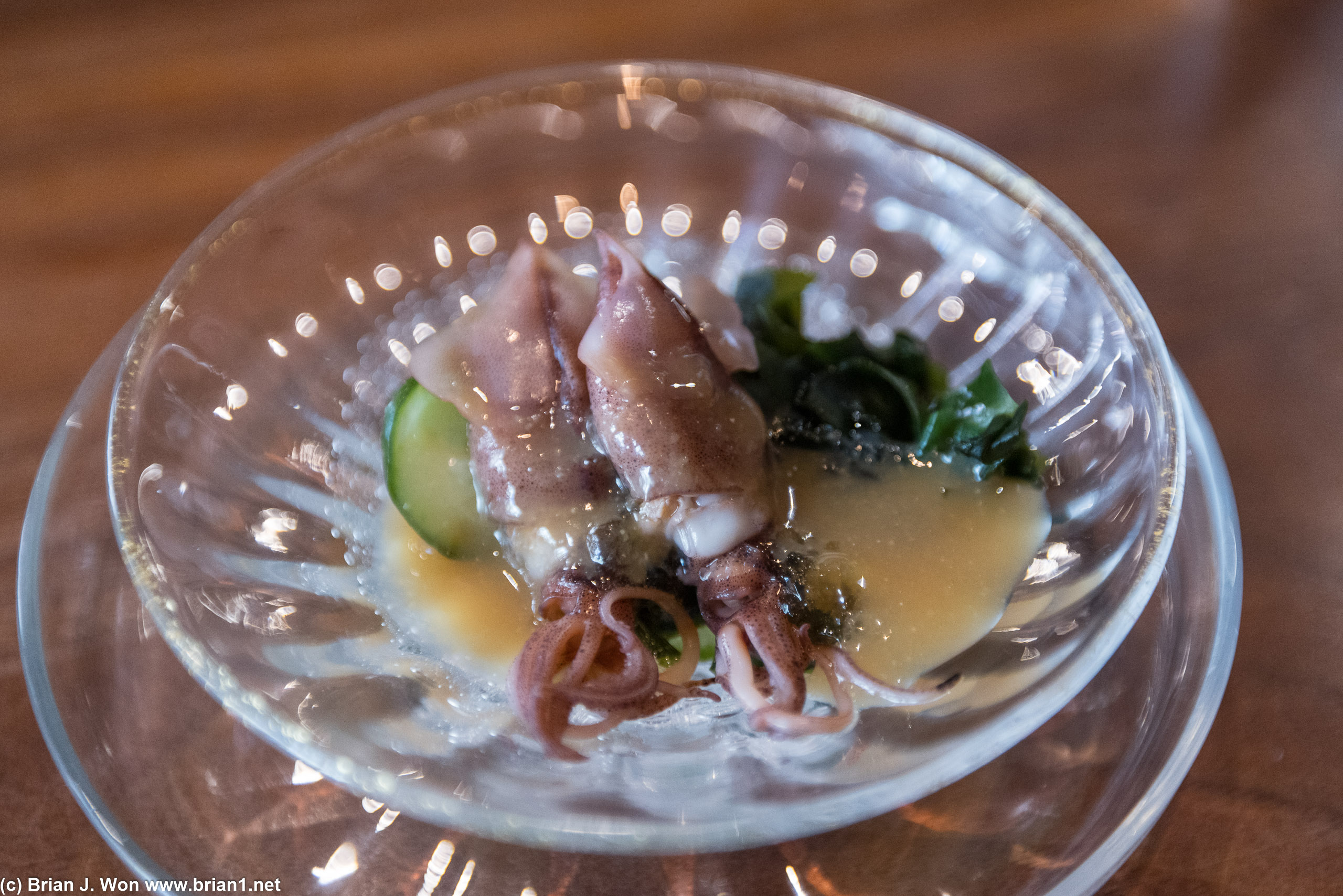 Tail end of firefly squid season. Firefly squid, pickled cucumbers, daishi miso, seaweed, vinegarette, some other stuff.
