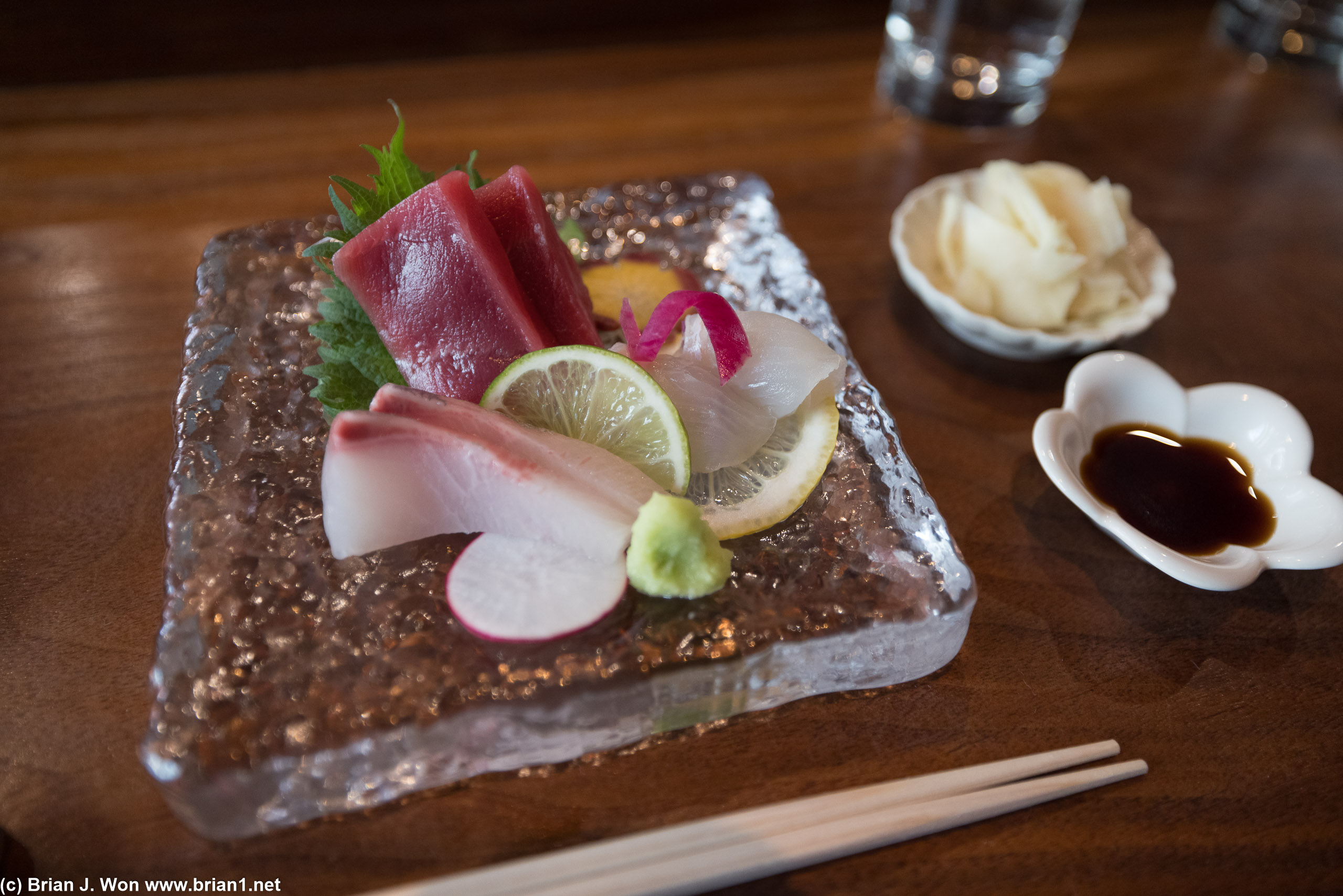 Akami, hirame (fluke), kanpachi (amberjack) sashimi.
