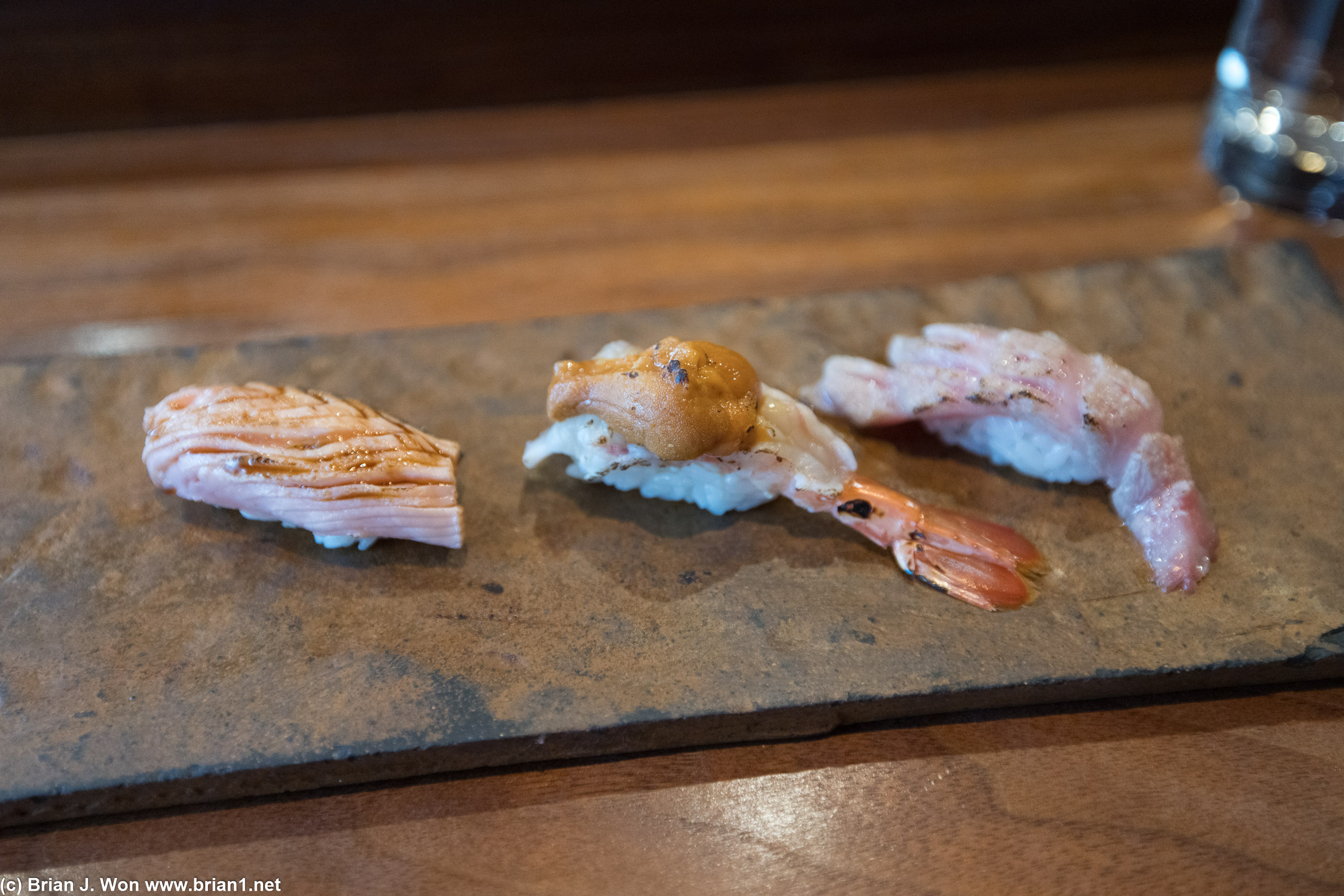 Aburi: seared sushi, salmon, botan ebi with uni, otoro.