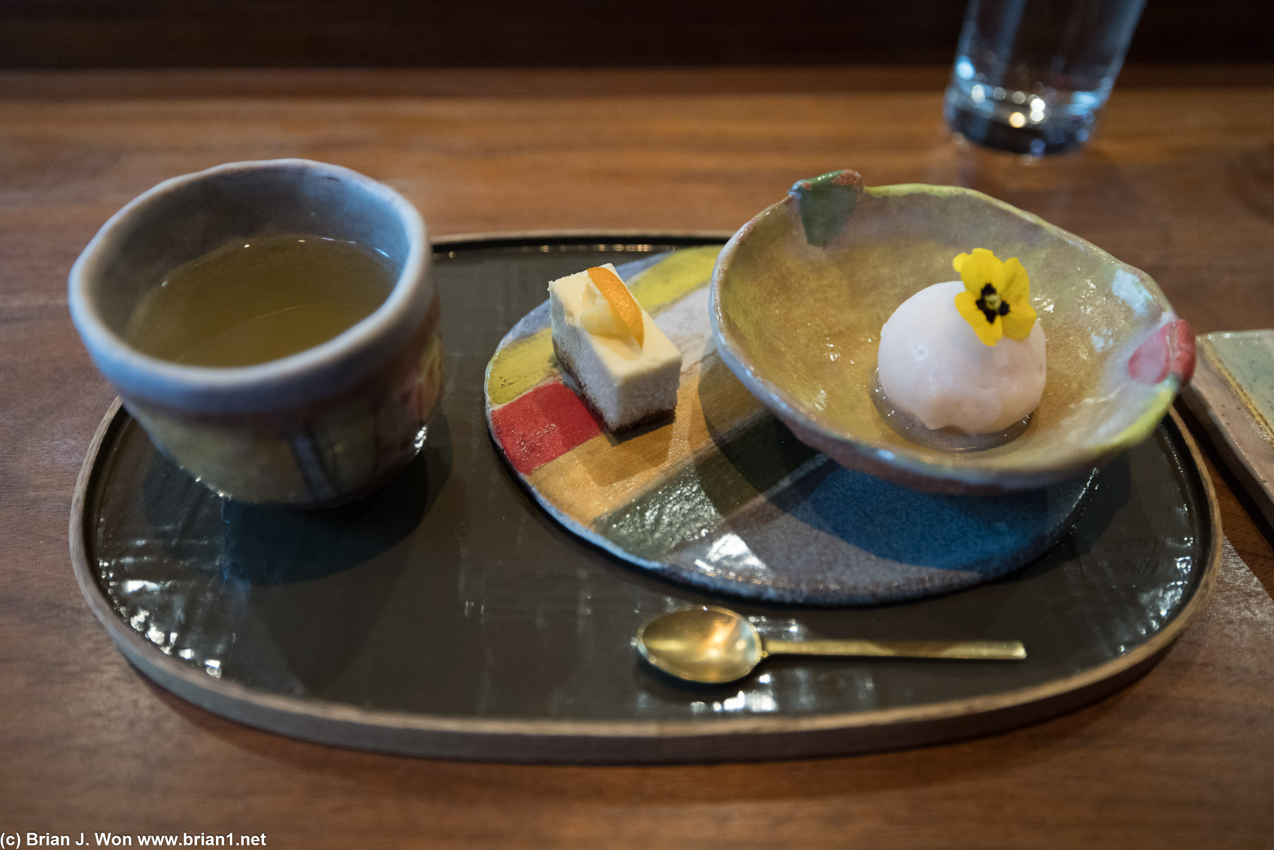 Apple green tea, cheesecake with yuzu, peach sorbet.