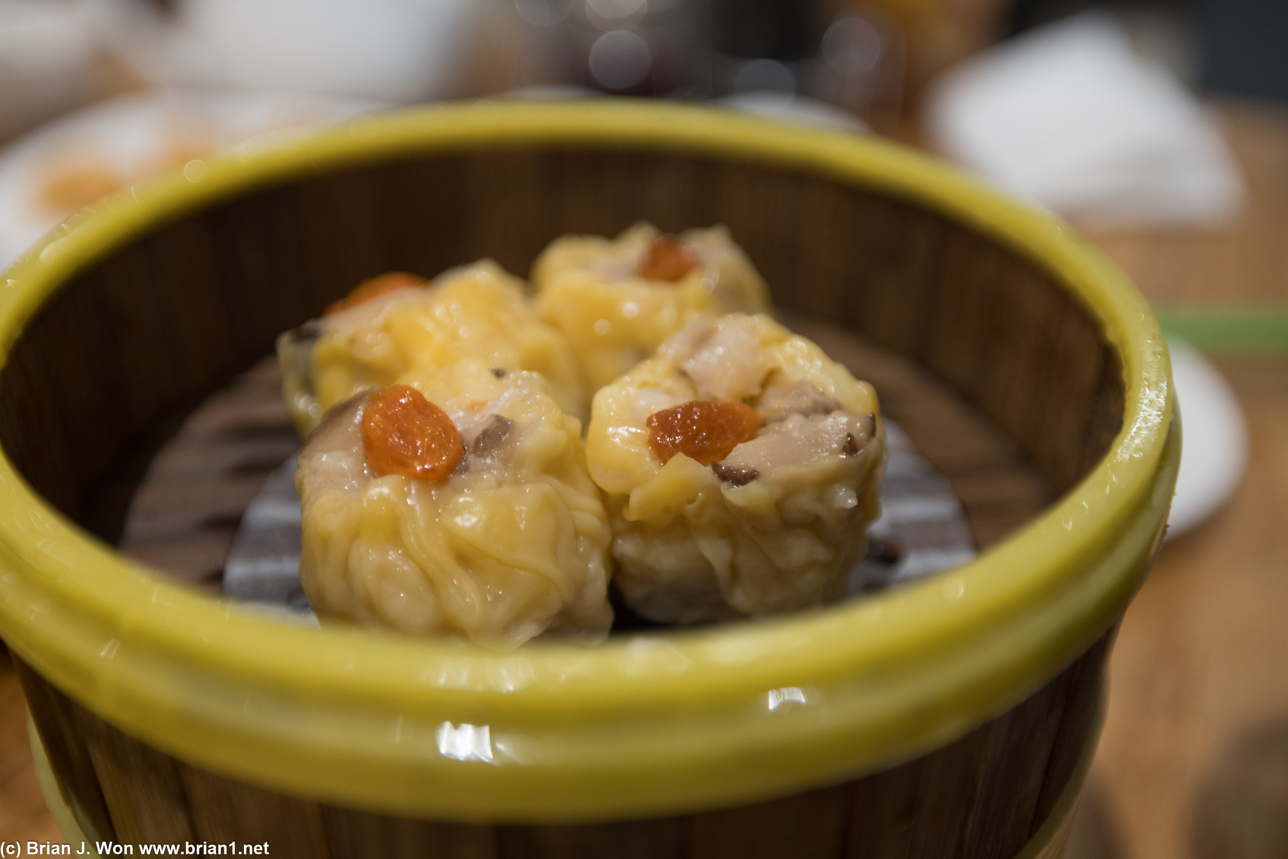 Dainty-sized shu mai close-up.