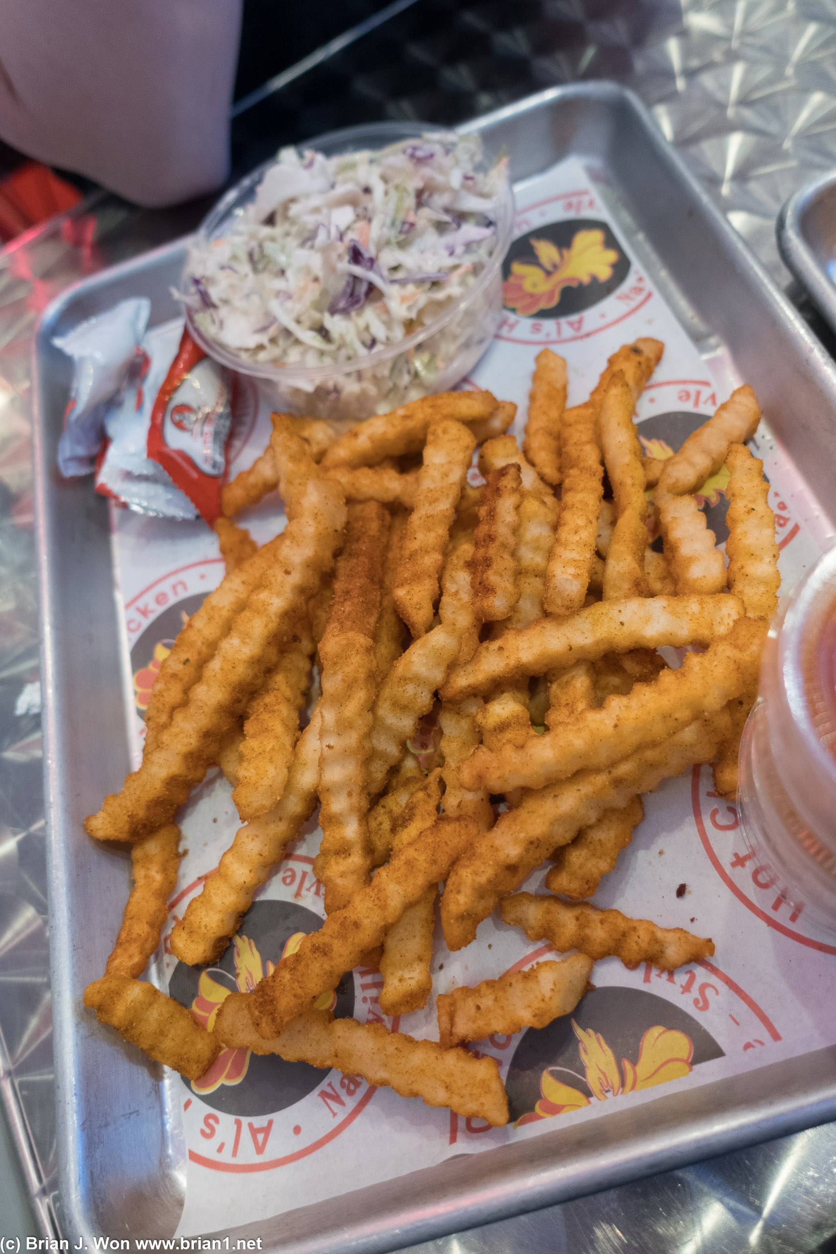 Fries and coleslaw.