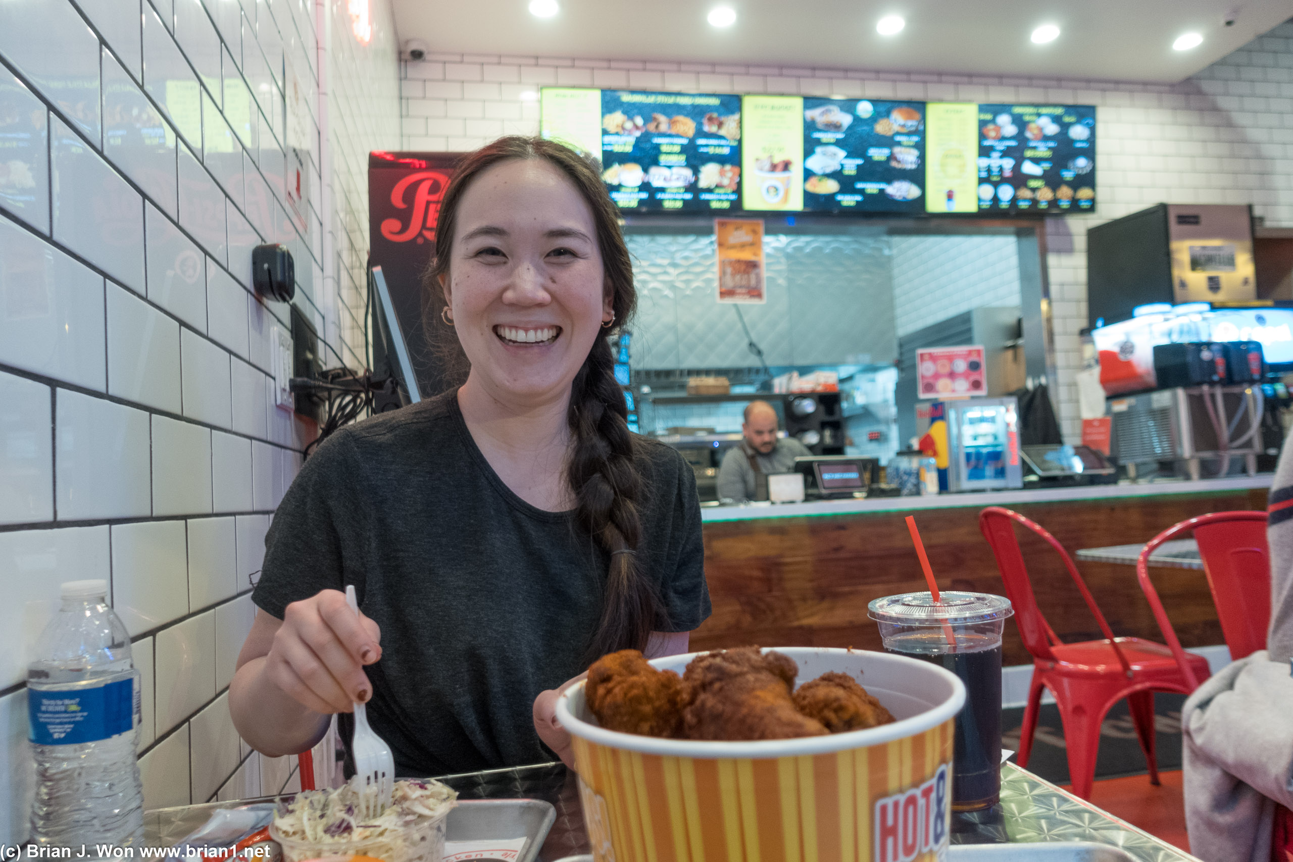 Dr. Wang looks very happy to be getting fried chicken.