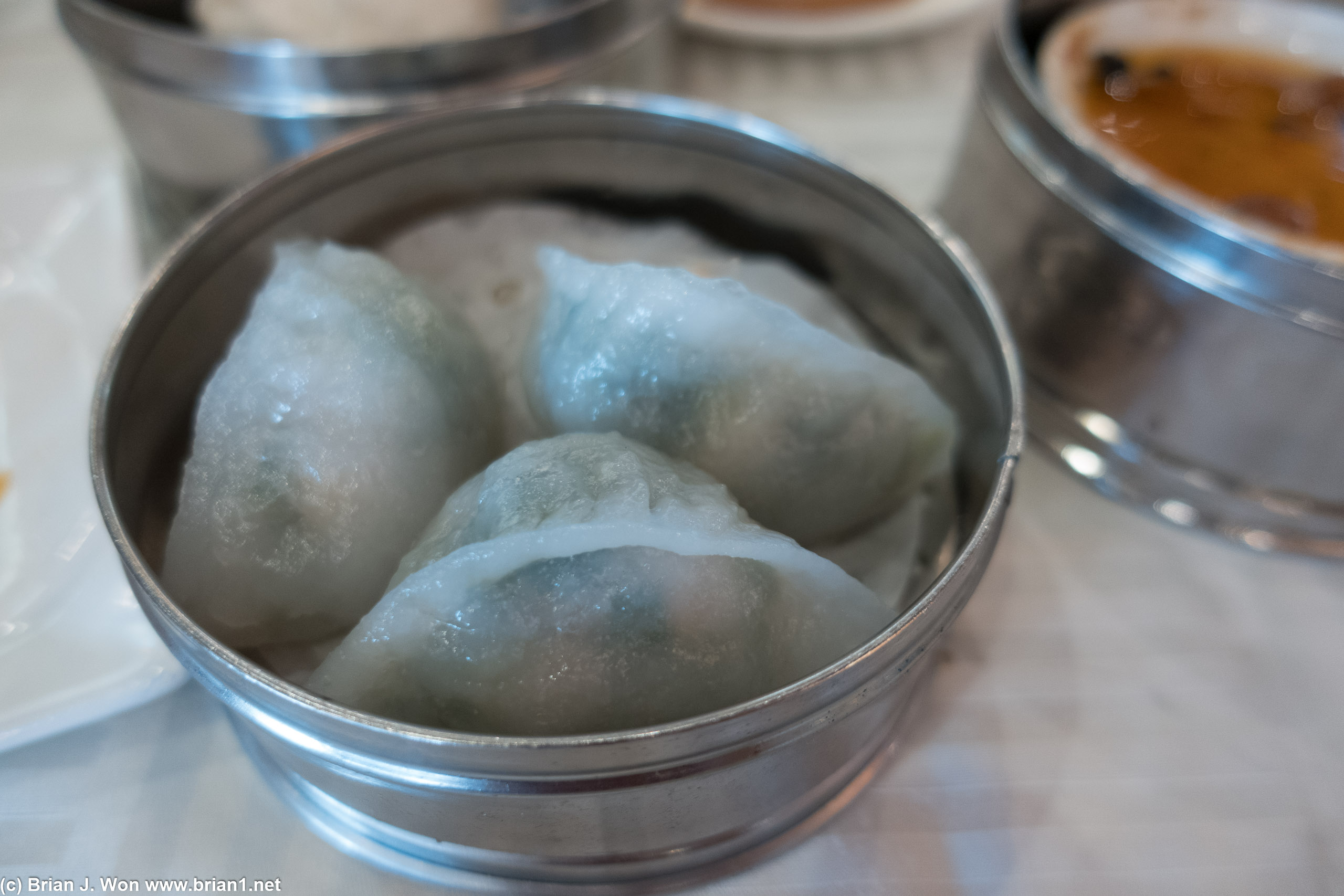 Gow choy gow, like the shu mai and har gow, were undistinguished but ample in size.