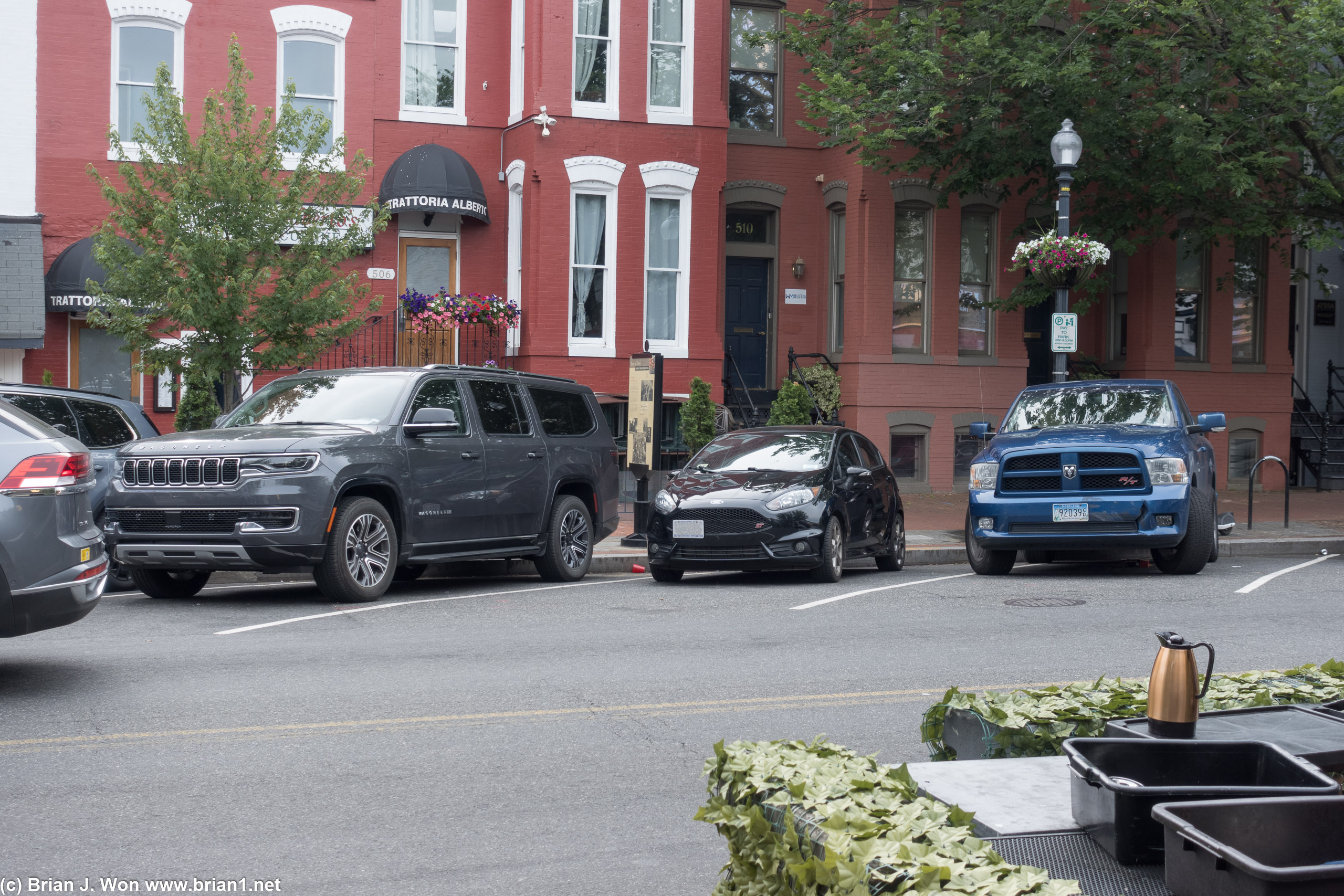 Matt's Fiesta looks like a toy car next to a Jeep Wagoneer and a Dodge Ram 1500.