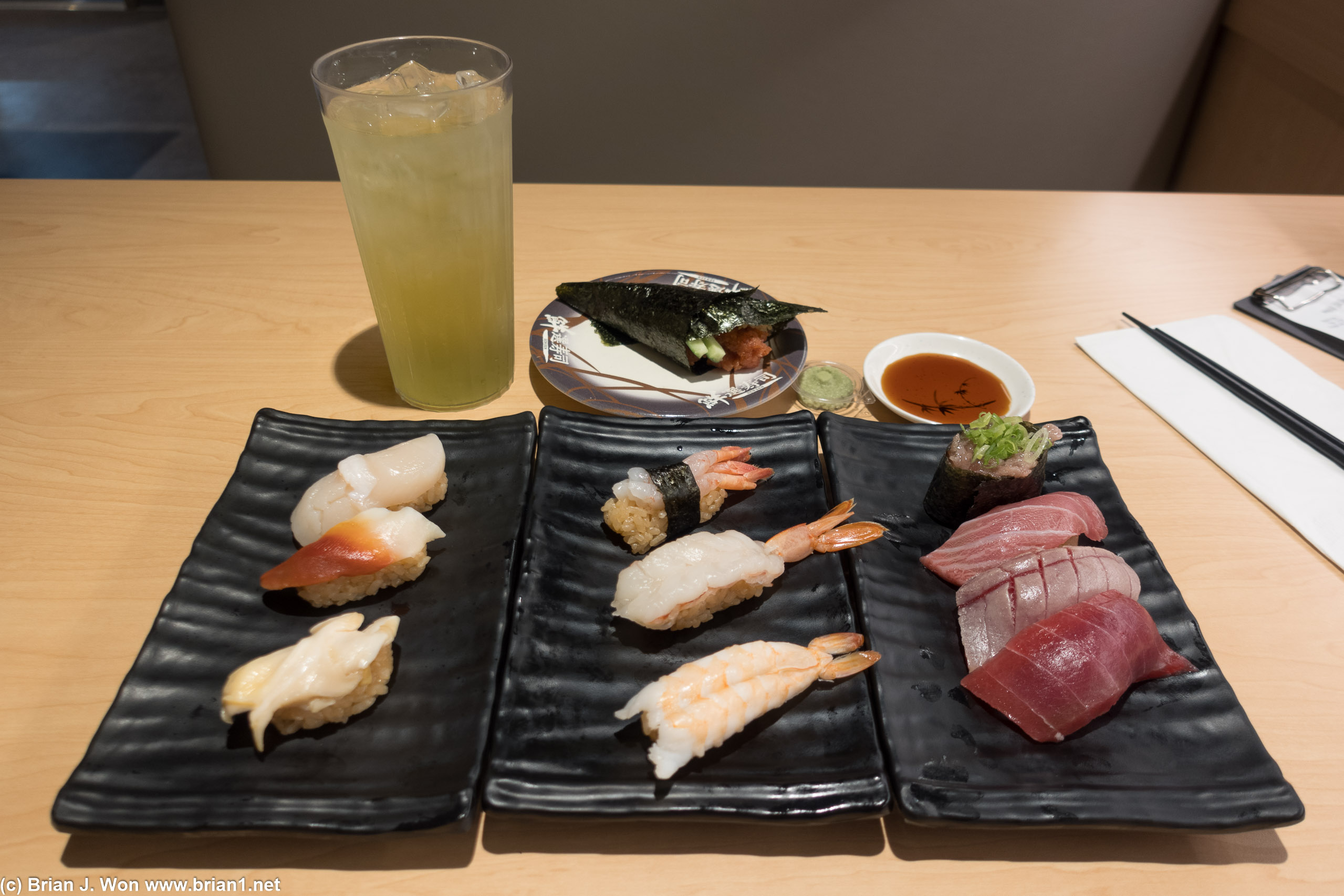 Shellfish trio, shrimp trio, tuna combo, and a spicy tuna hand roll.