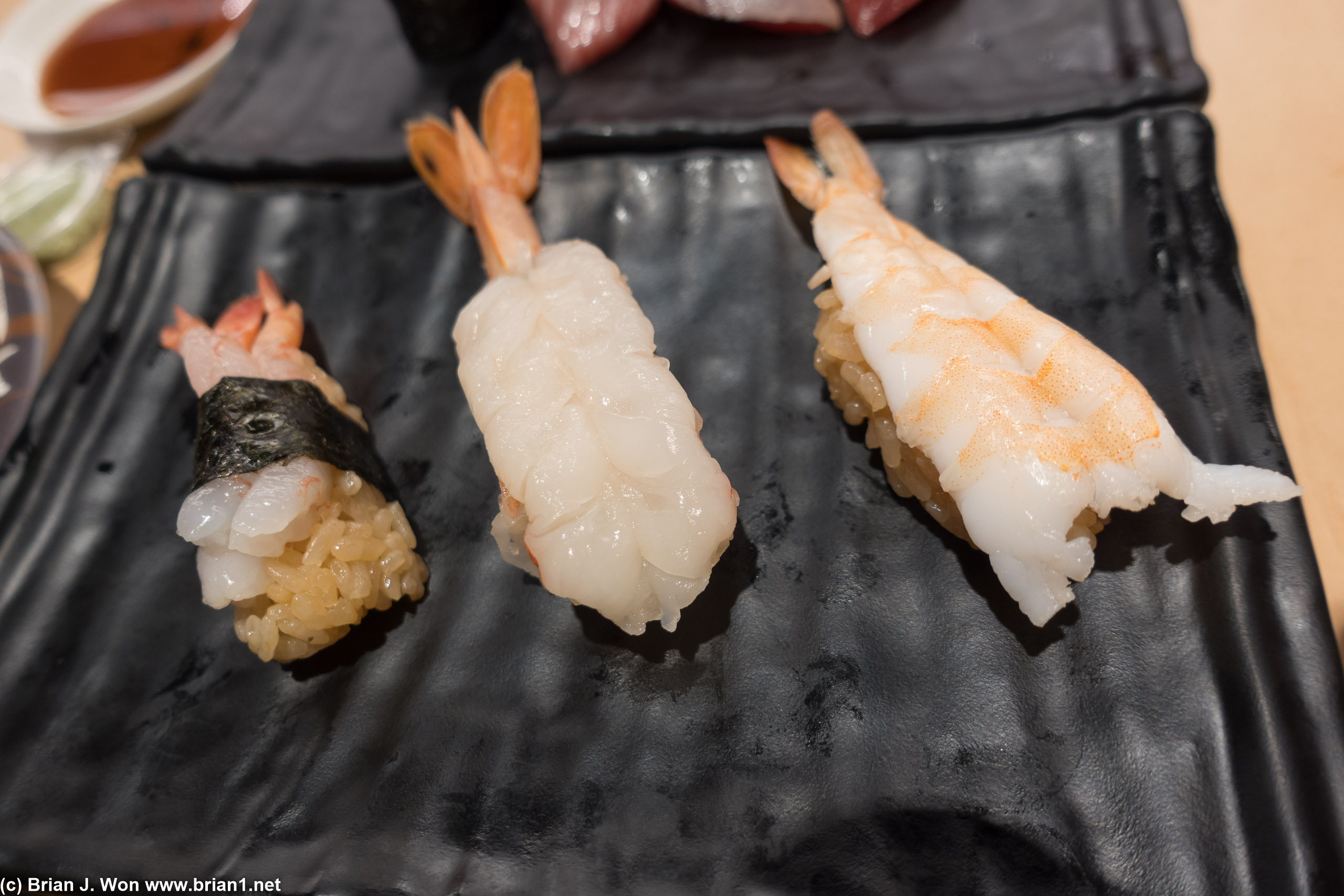 Ama ebi, botan ebi (live sweet shrimp), boiled shrimp.