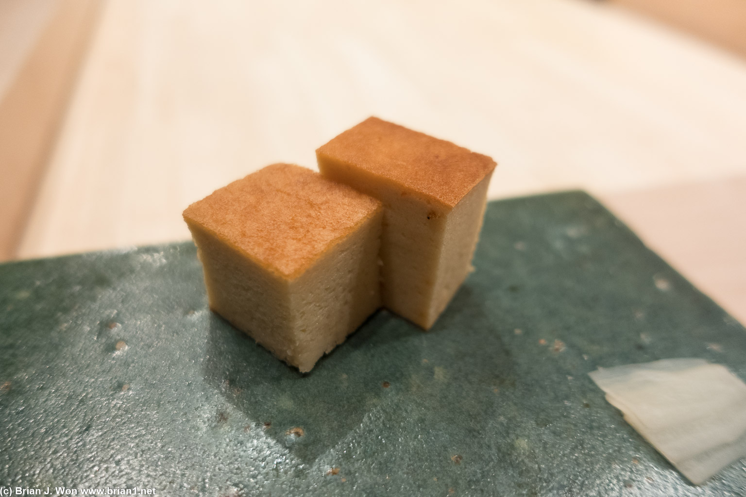 Inaba tamago (shorter, sweeter) at left, Kaneyoshi tamago (taller, more savory) at right.