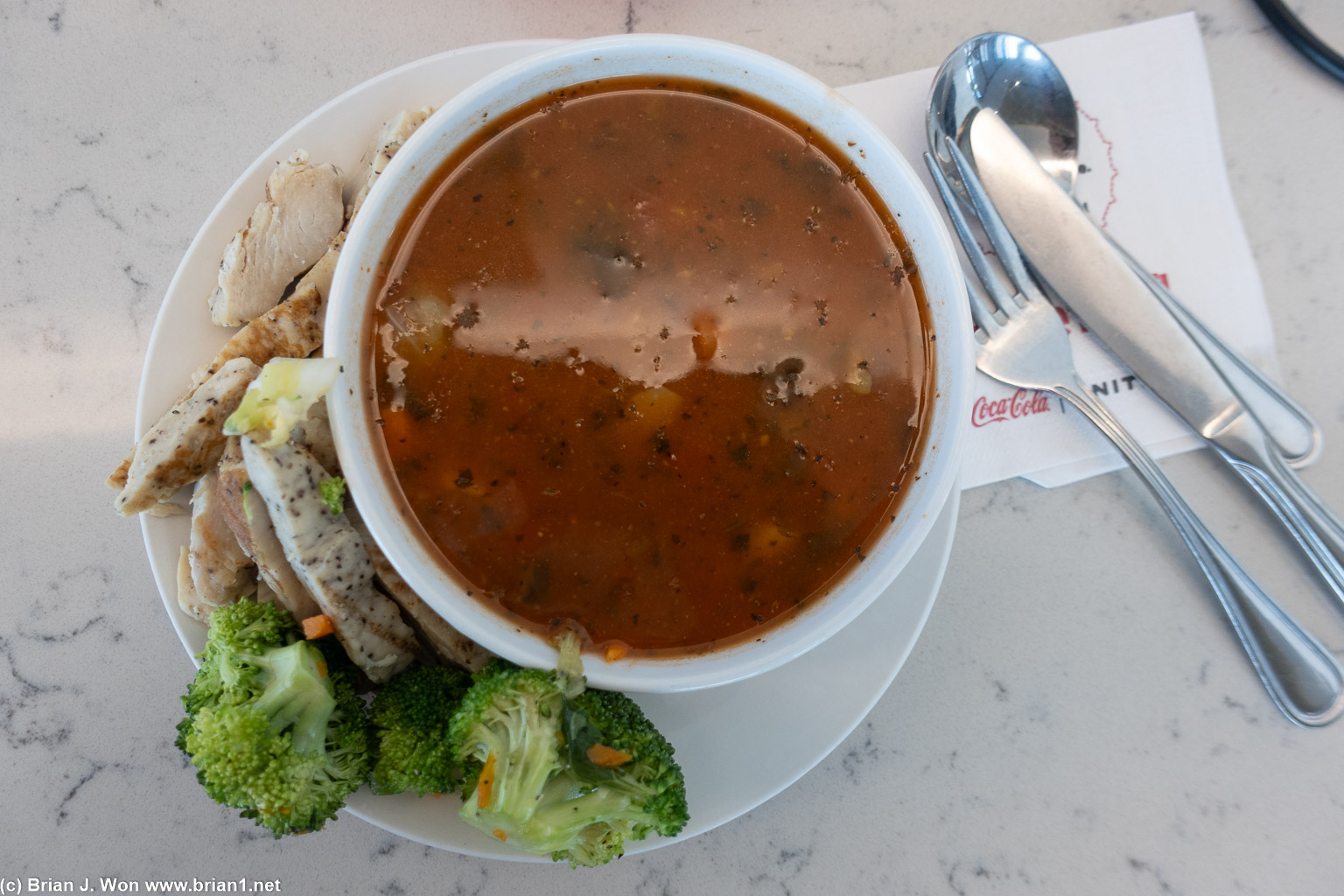 Minestrone soup, chicken breast, and broccoli at the United Club.