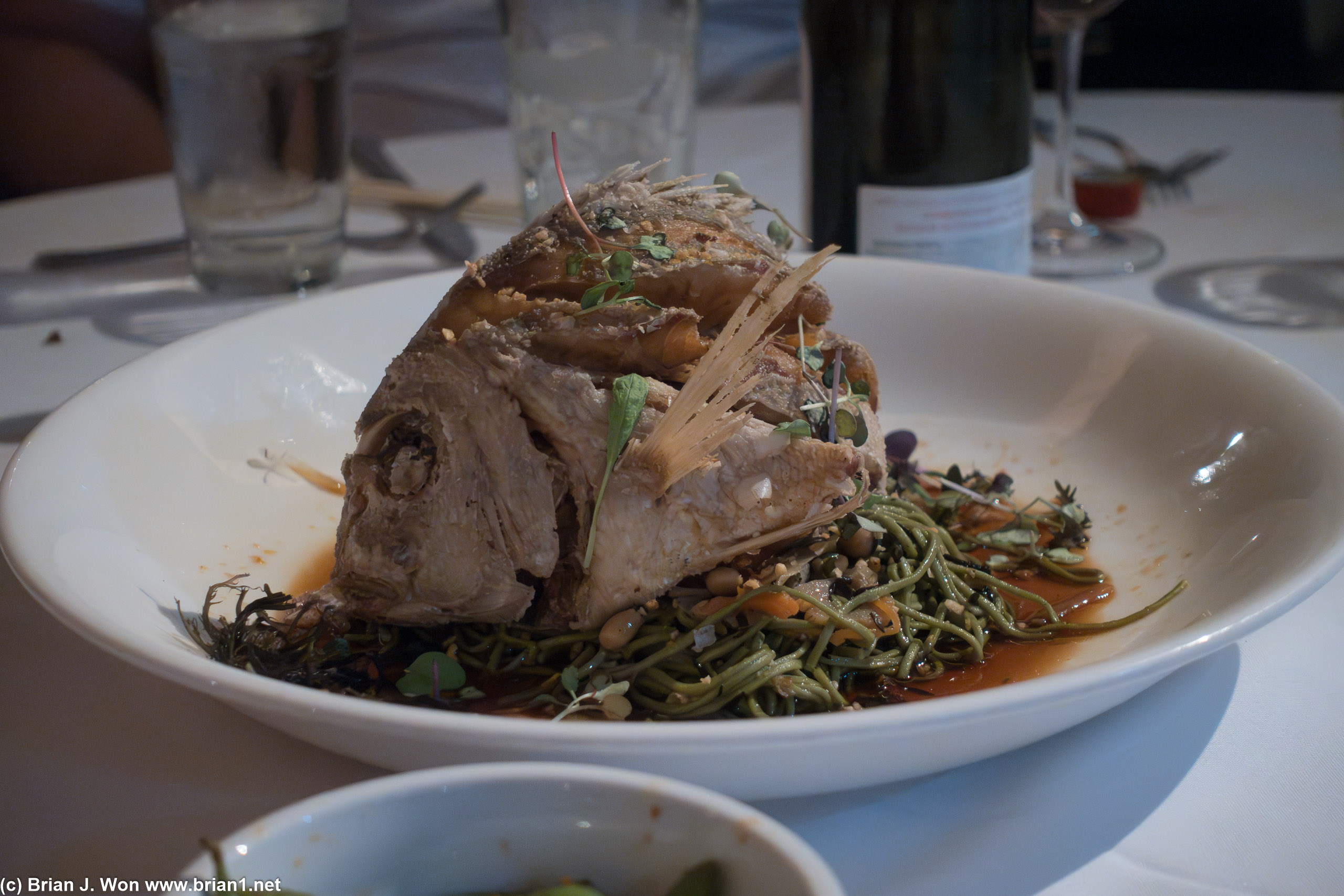 Crispy stuffed whole tai snapper.