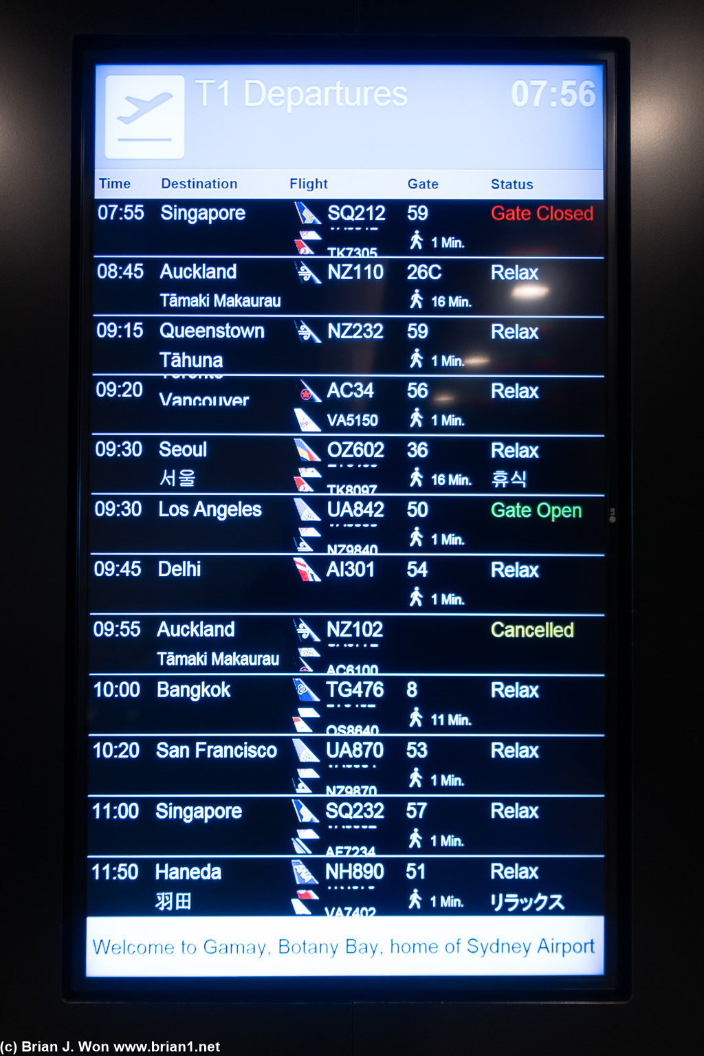 Departure board at Terminal 1, SYD.