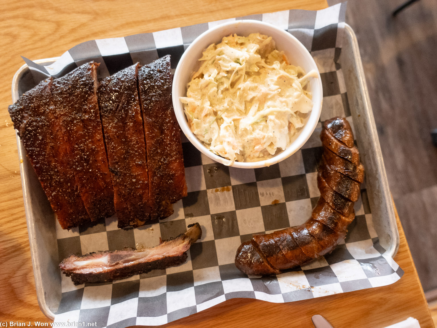 Pork ribs were dry and pretty meh, chicken sausage was not bad, creamy coleslaw was perfectly fine.