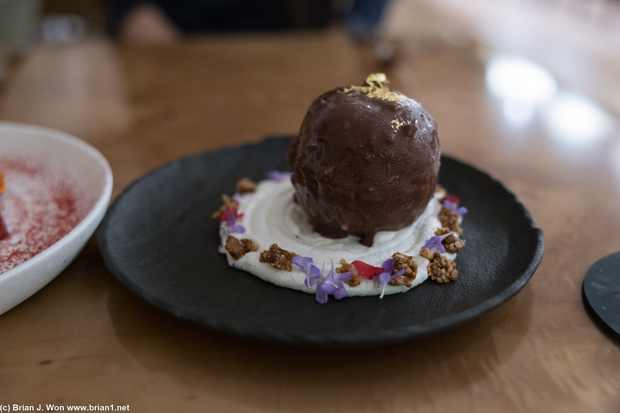 Chocolate shell around ice cream.